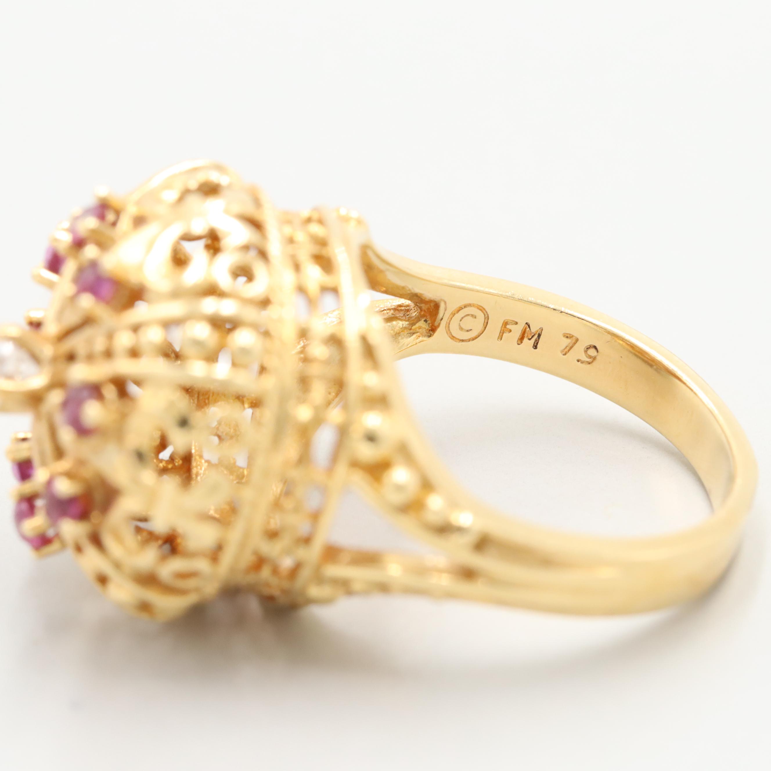 Franklin Mint 18K Yellow Gold Diamond and Ruby Fleur-de-Lis Crown Ring