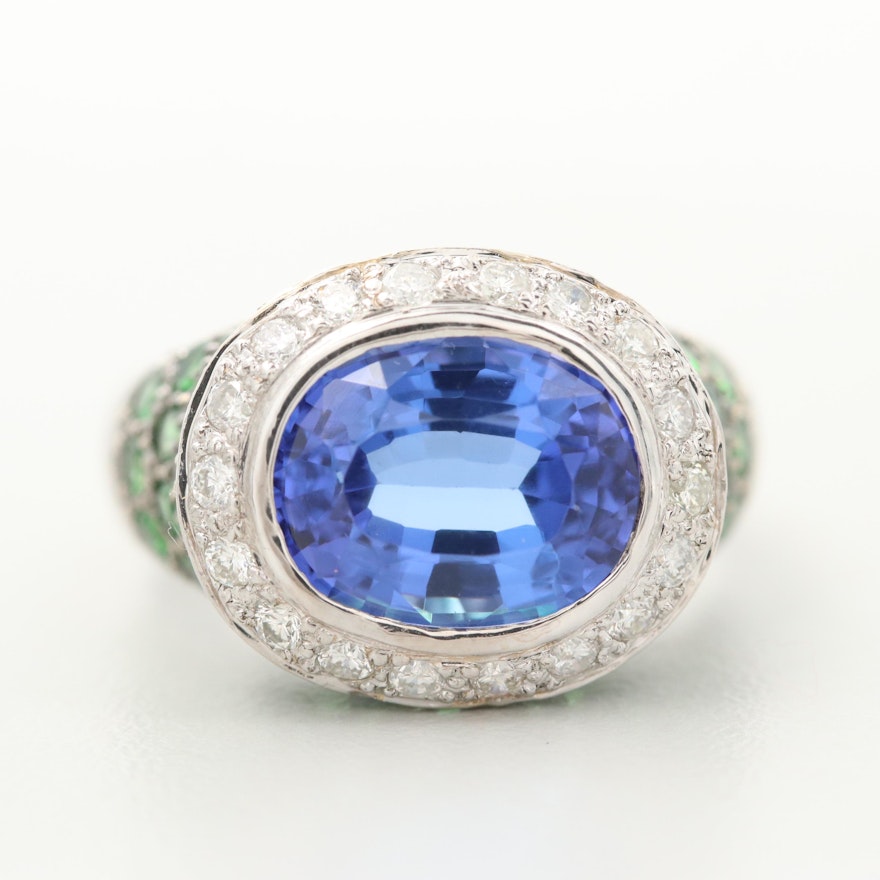 18K White Gold 2.71 CT Tanzanite, Diamond and Diopside Ring