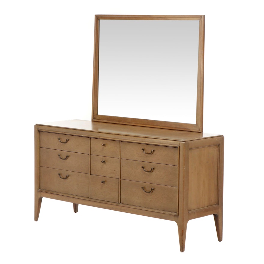 Century Furniture Mid Century Modern Pecan Finish Wooden Dresser with Mirror