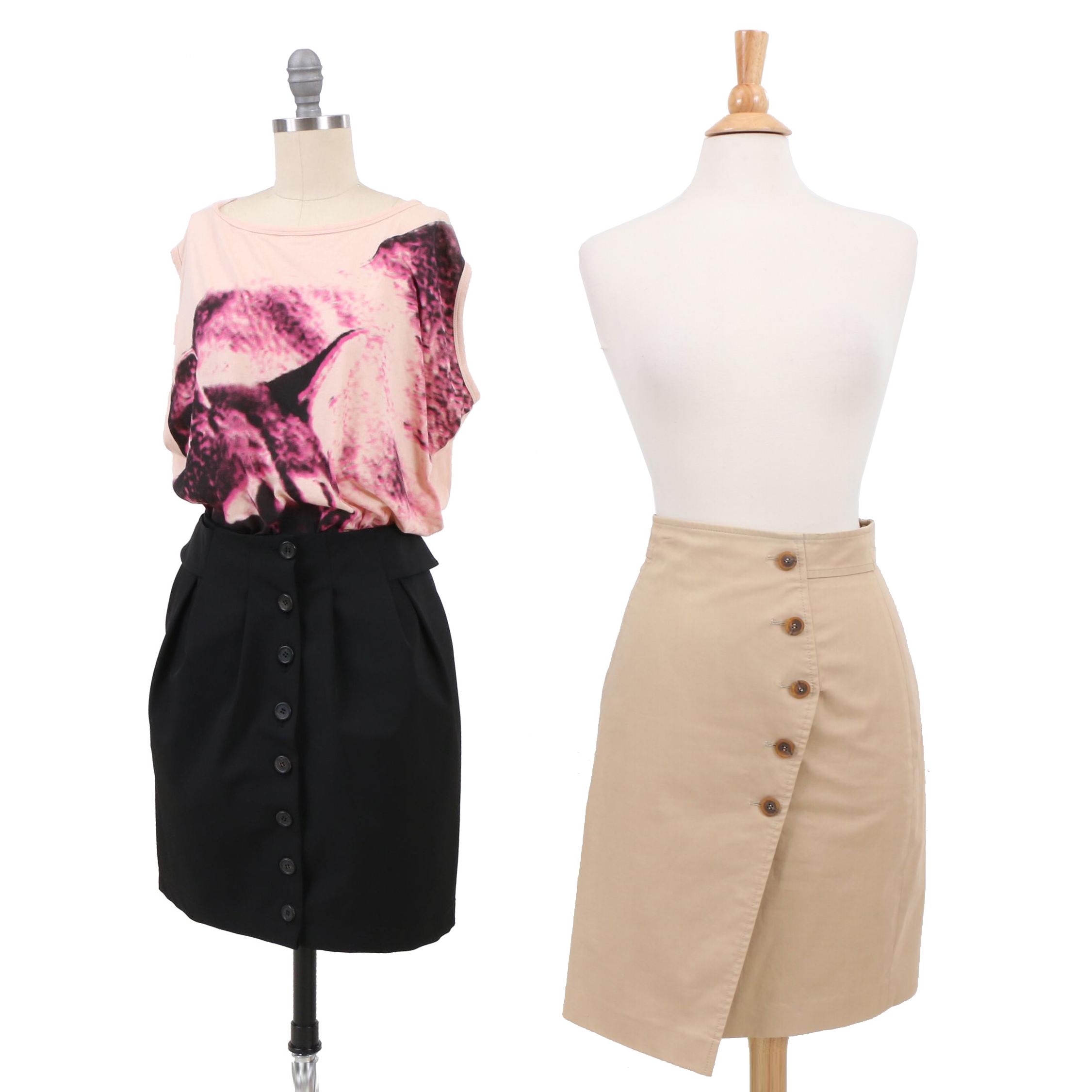 Prada Black Pencil Skirt, Stella McCartney Top, and Akris Beige Pencil Skirt