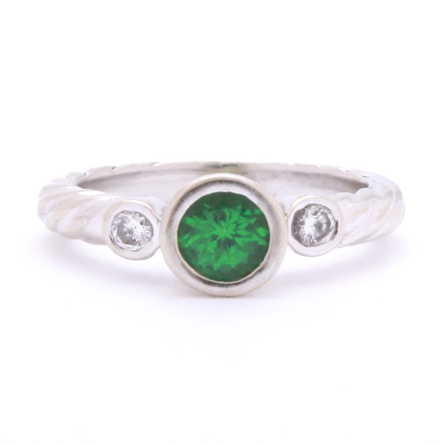 14K White Gold Tsavorite Garnet and Diamond Ring