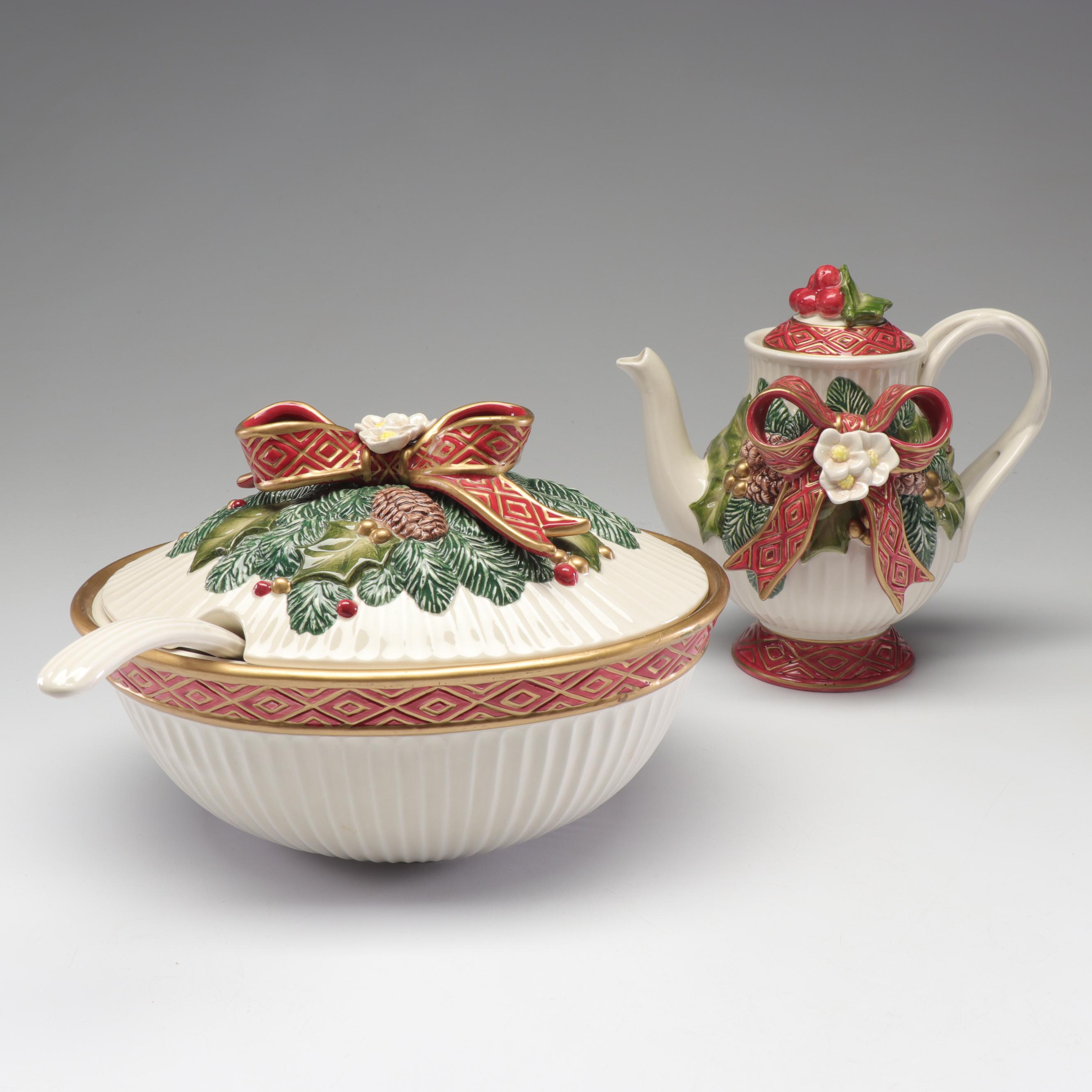Fitz and Floyd Christmas Teapot and Soup Tureen