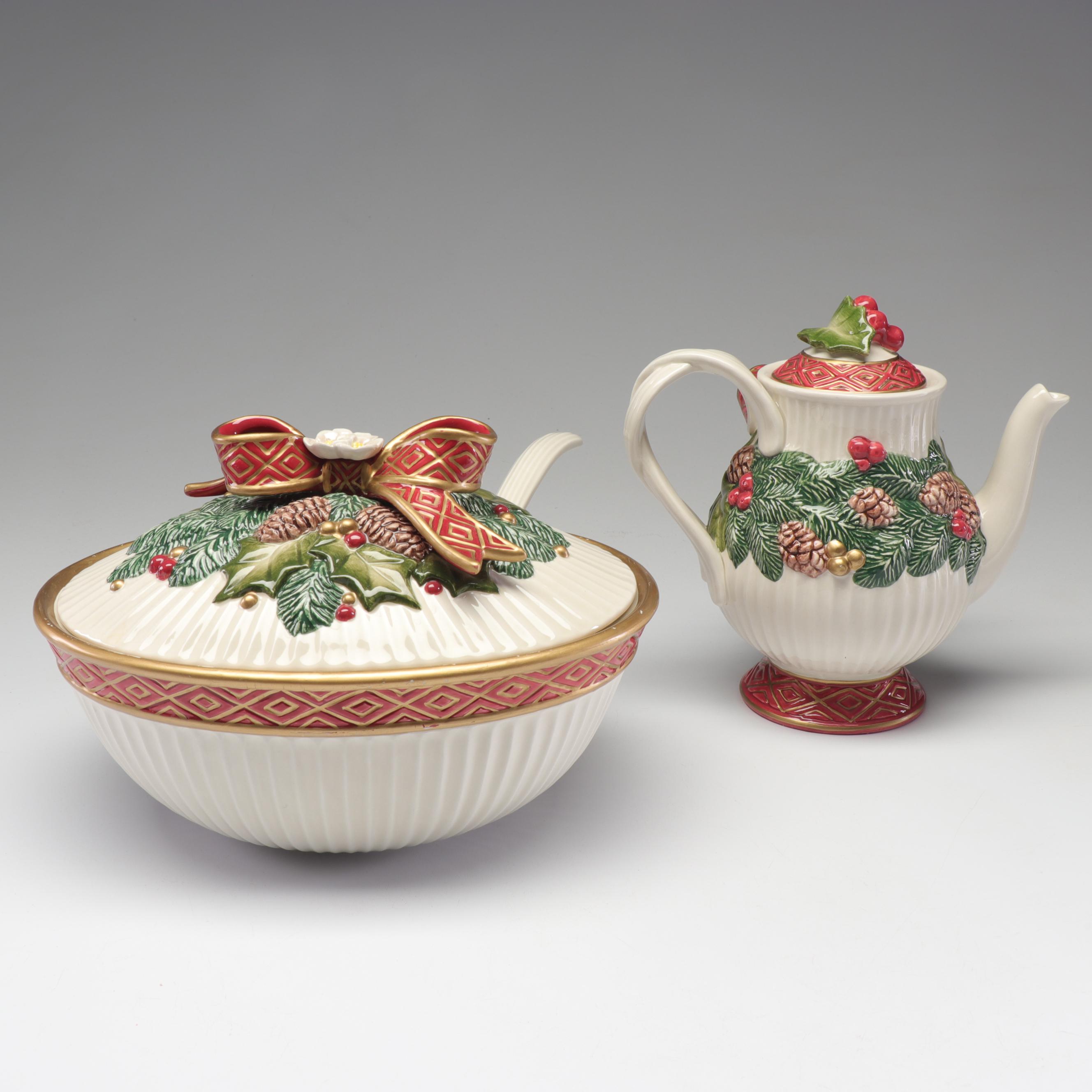 Fitz and Floyd Christmas Teapot and Soup Tureen