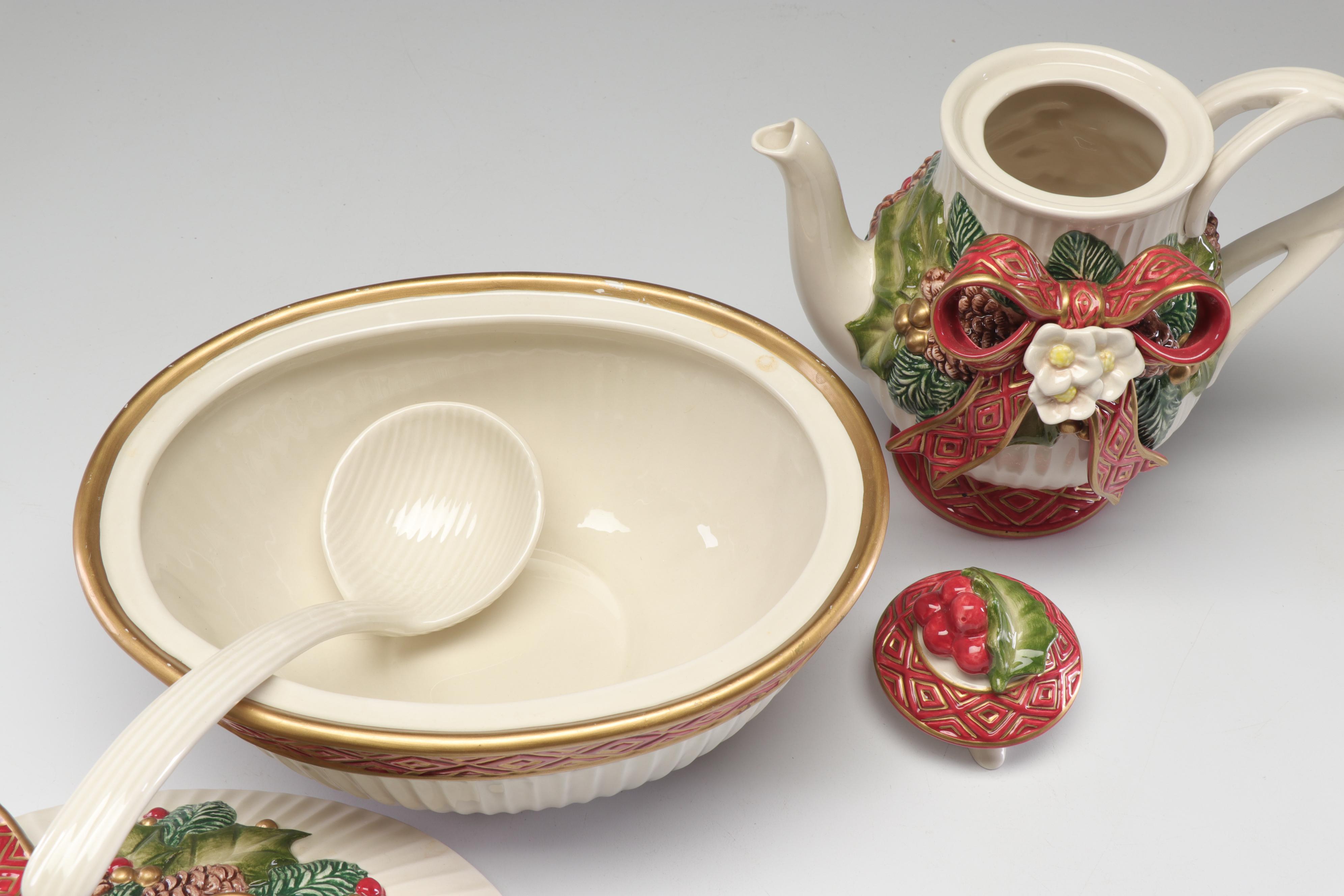 Fitz and Floyd Christmas Teapot and Soup Tureen