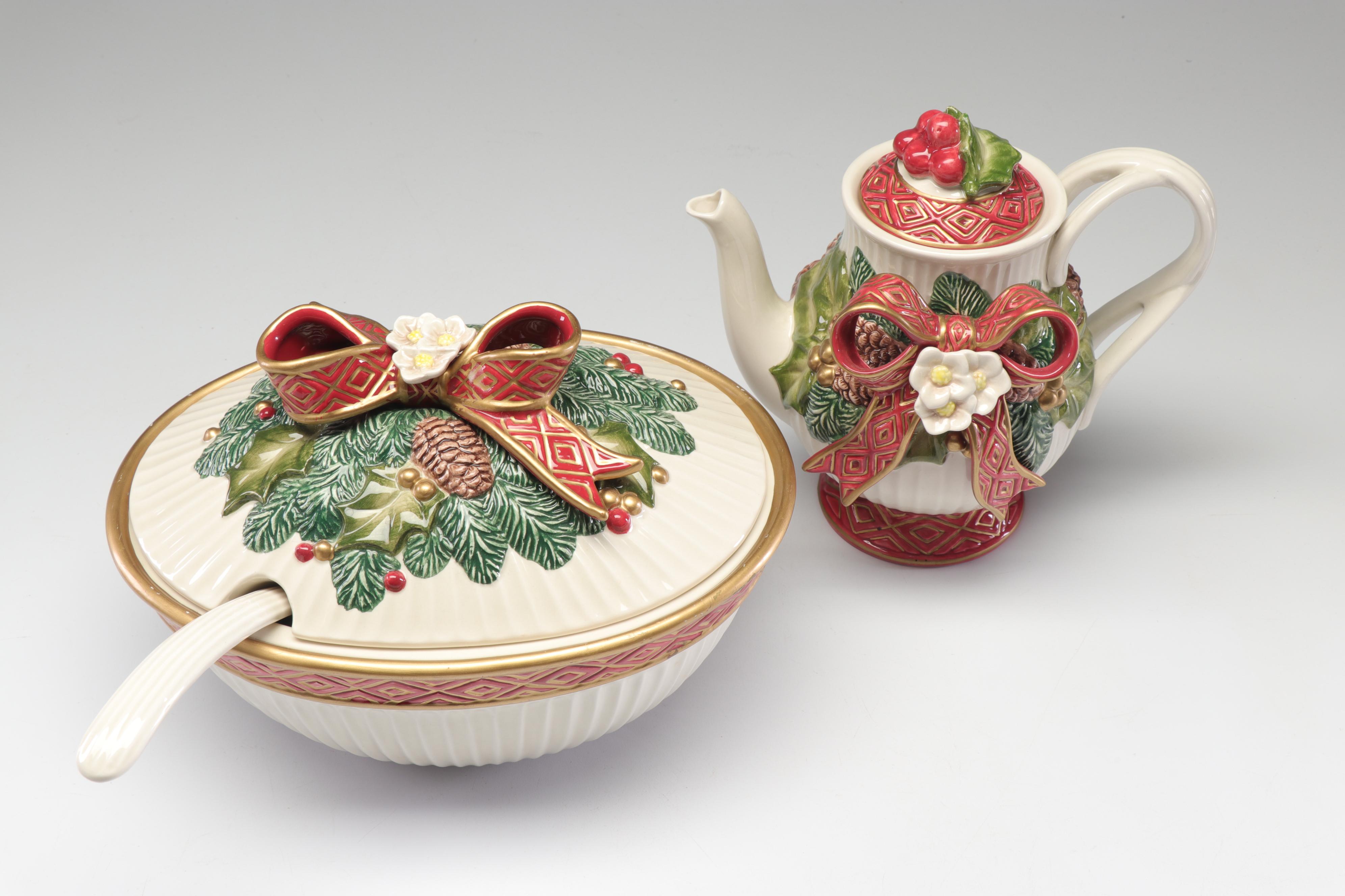 Fitz and Floyd Christmas Teapot and Soup Tureen