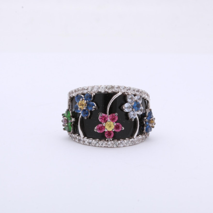 14K White Gold Multi Colored Sapphires and Onyx Ring