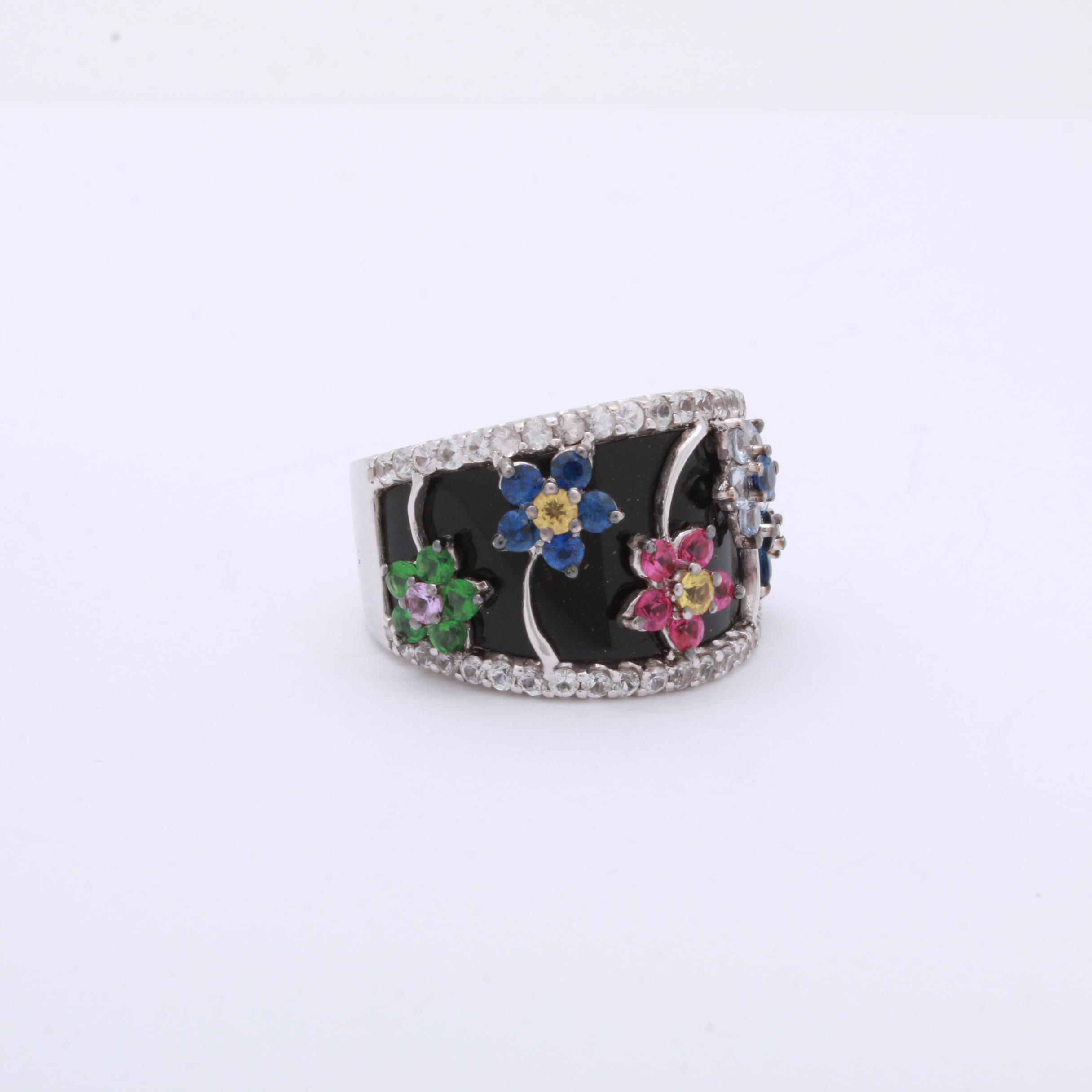 14K White Gold Multi Colored Sapphires and Onyx Ring