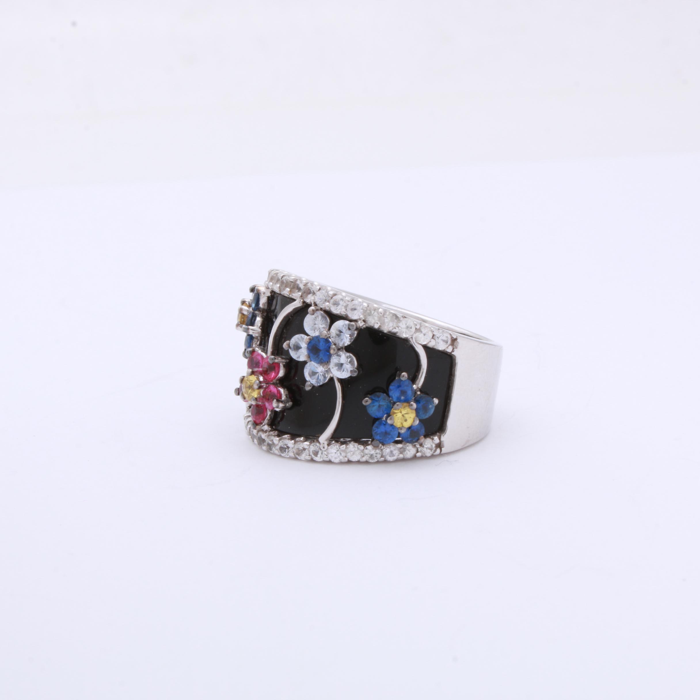14K White Gold Multi Colored Sapphires and Onyx Ring