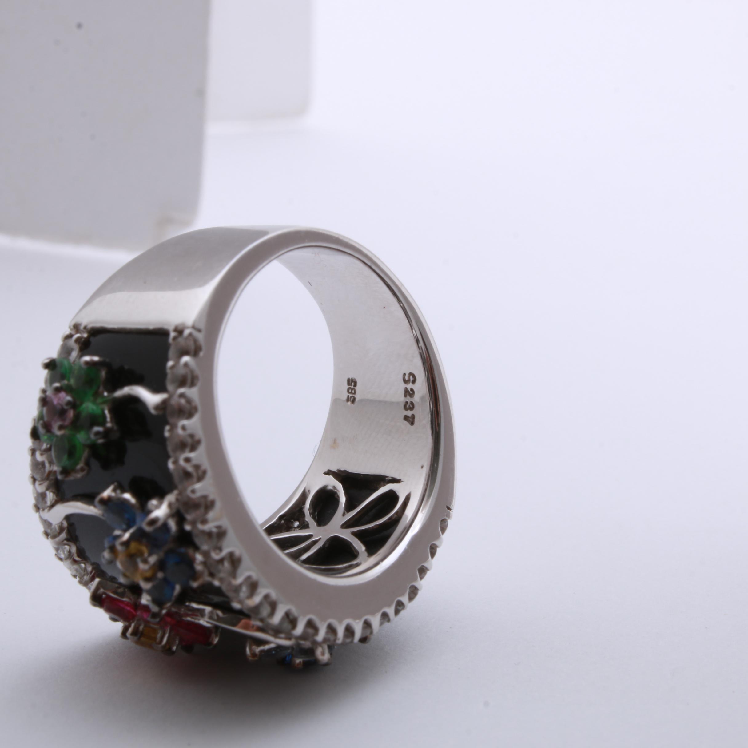 14K White Gold Multi Colored Sapphires and Onyx Ring