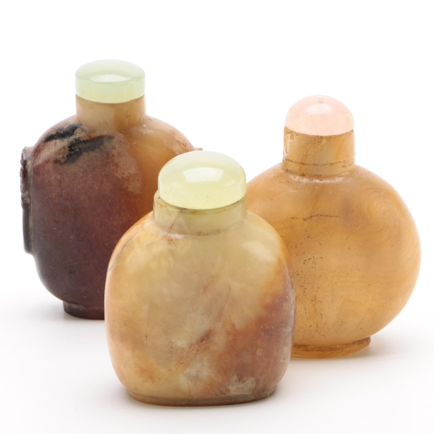 Chinese Hardstone Snuff Bottles with Rose Quartz and Bowenite Caps
