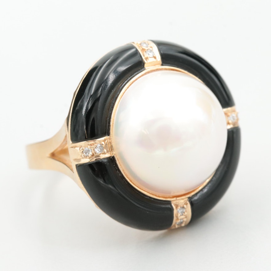 14K Yellow Gold Cultured Pearl, Black Glass and Diamond Ring