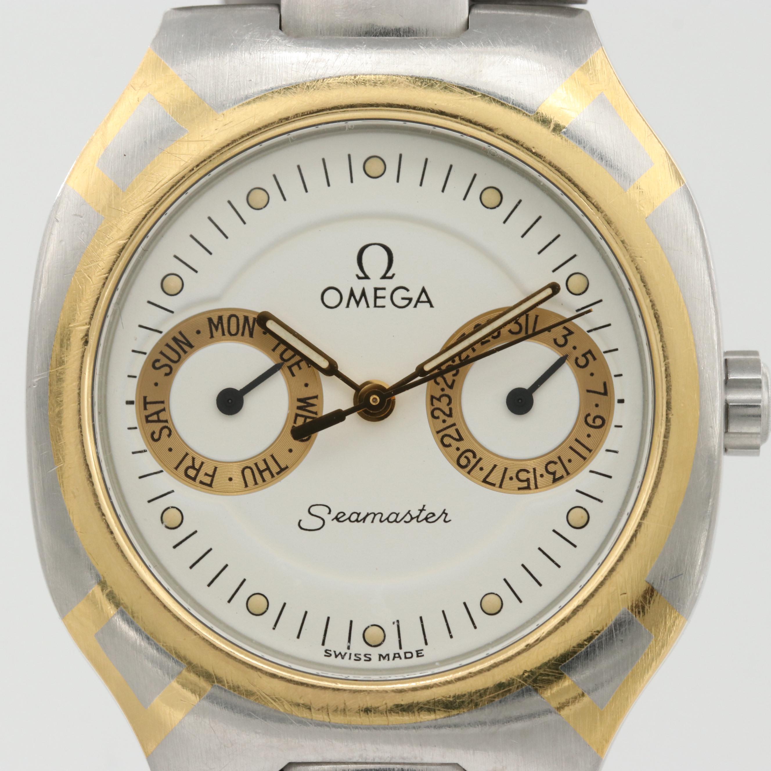Vintage Omega Seamaster Polaris Two Tone Quartz Watch With Day and Date