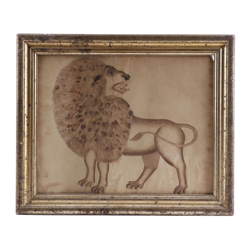 19th Century Ink Drawing of a Lion