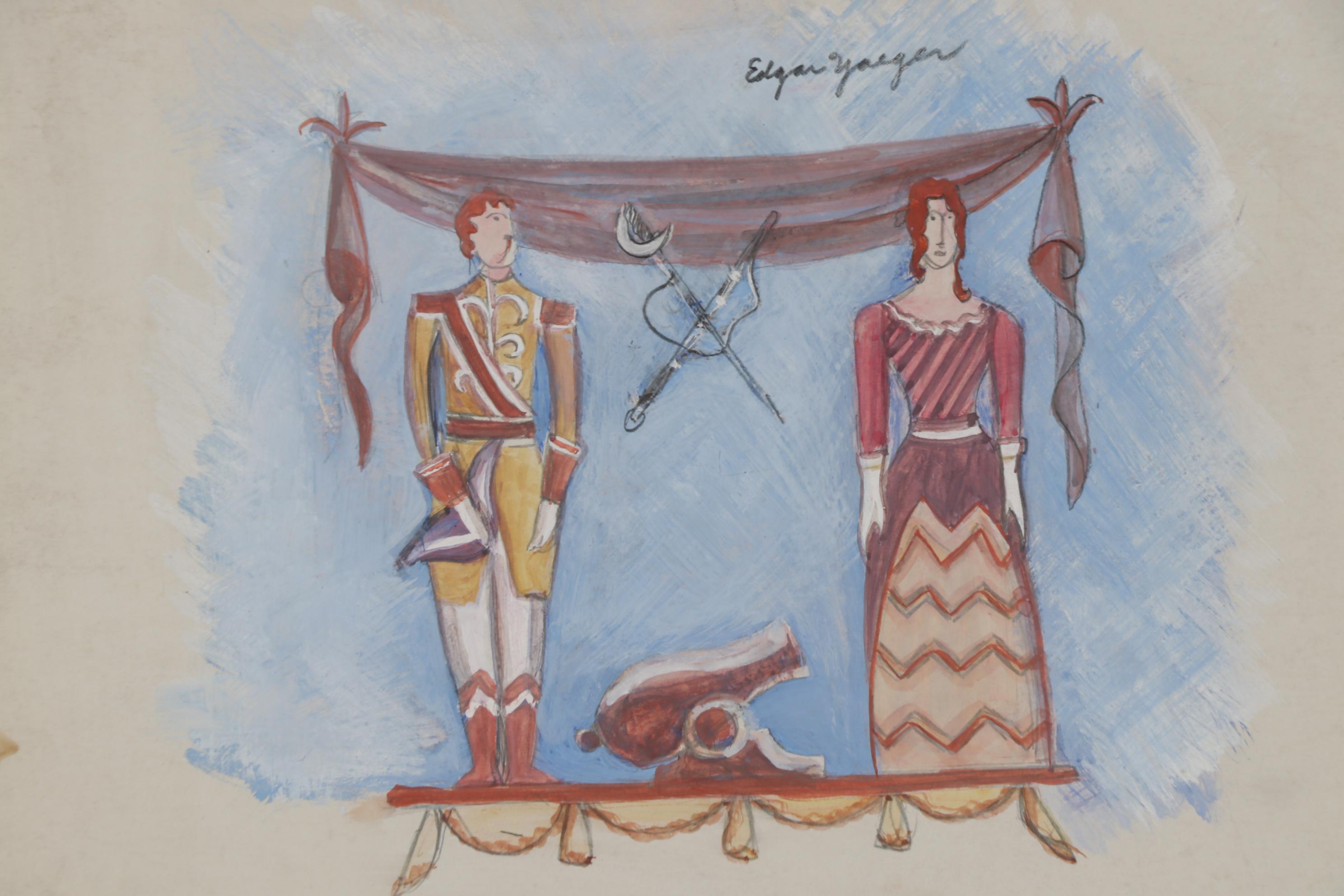 Edgar Yaeger Gouache and Graphite WPA Mural Design Sketch "Broadhead"