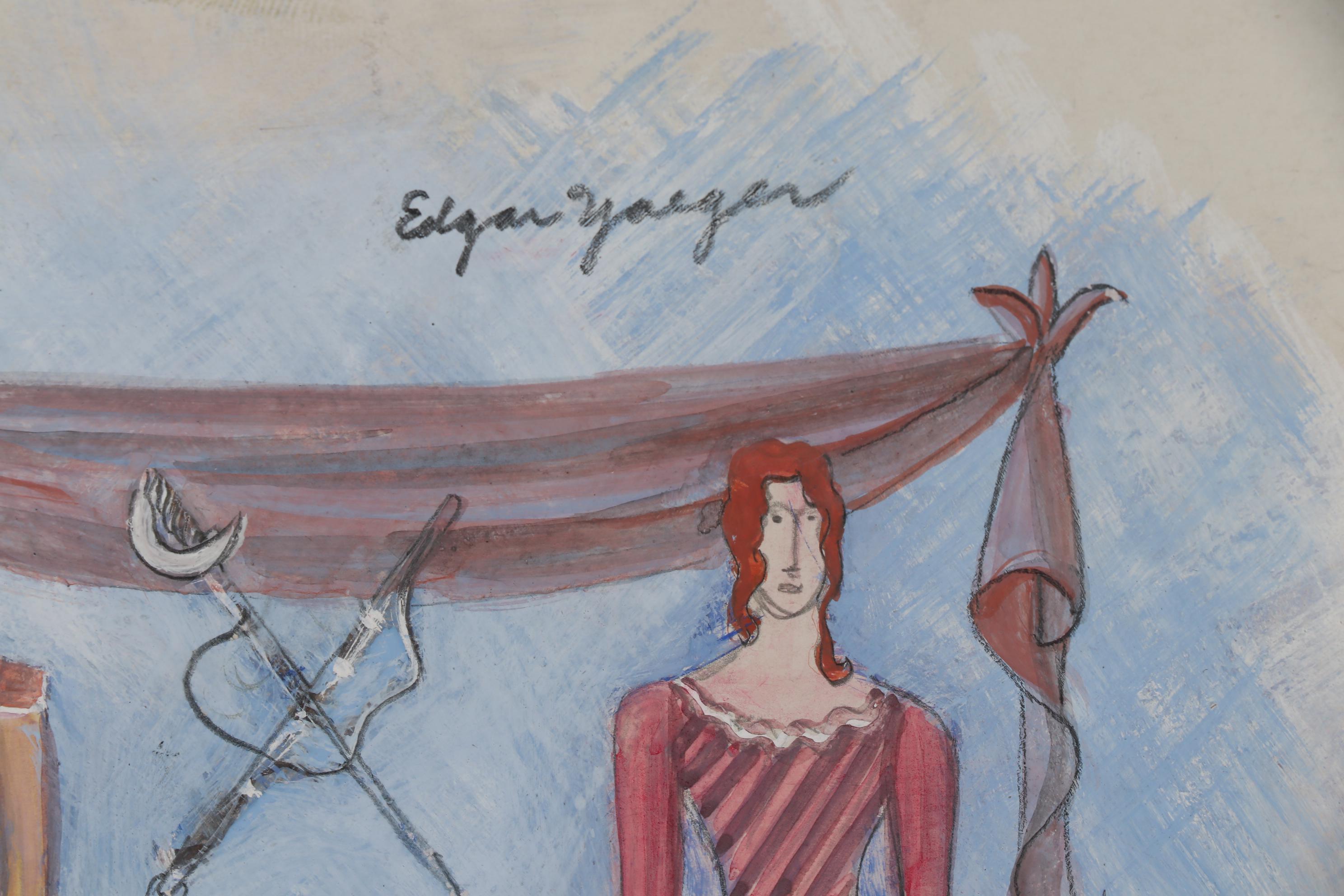 Edgar Yaeger Gouache and Graphite WPA Mural Design Sketch "Broadhead"