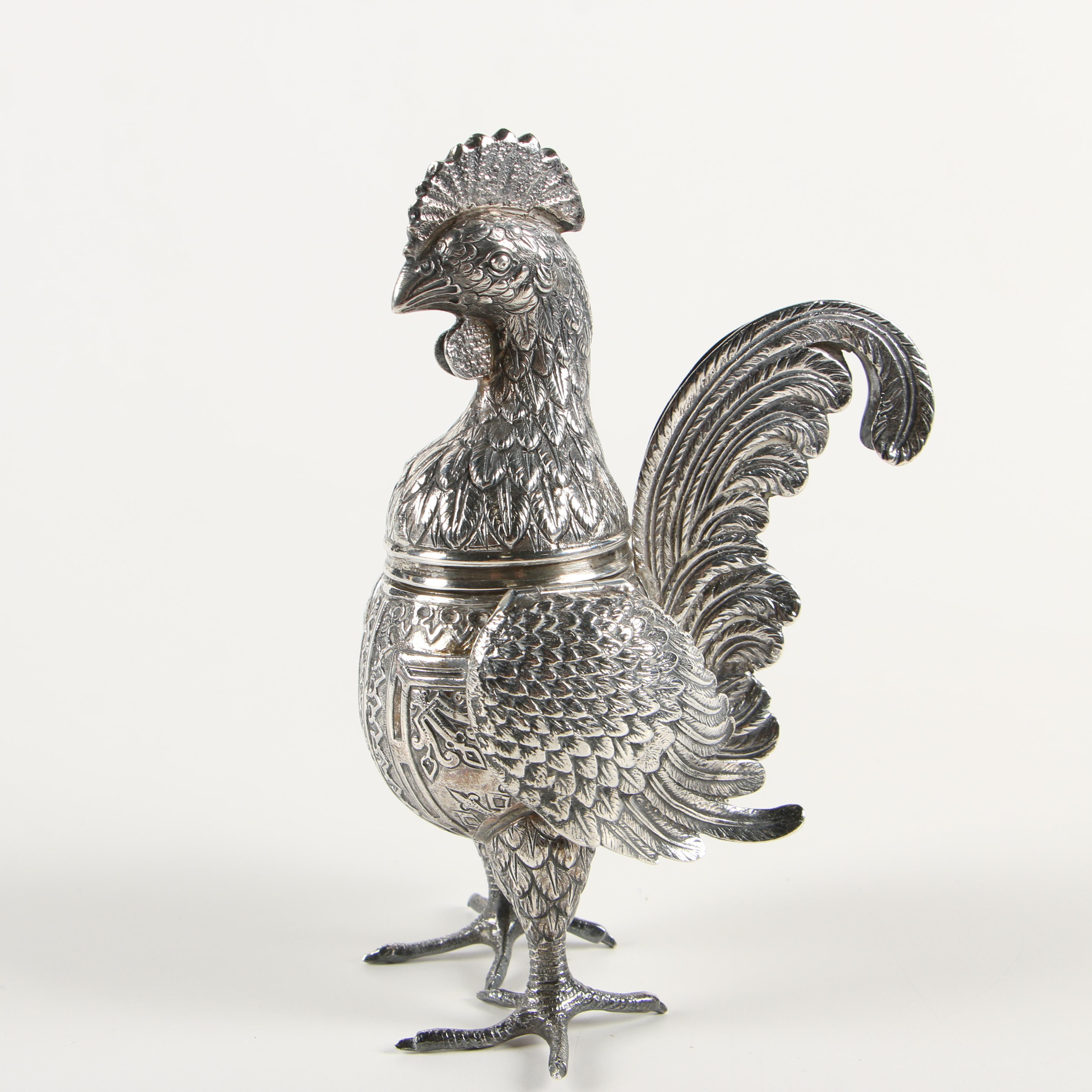German 800 Silver Hinged Rooster Spice Box