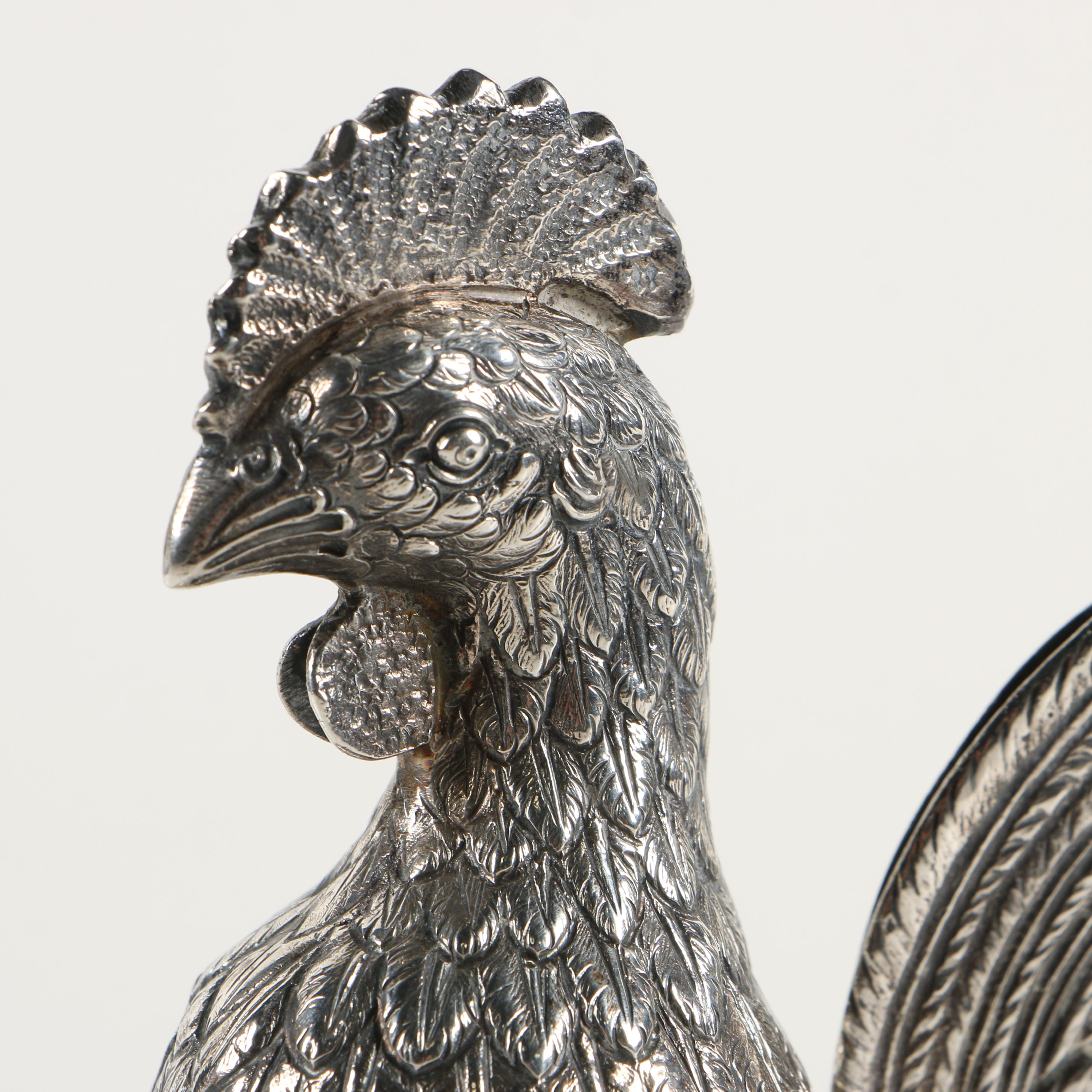 German 800 Silver Hinged Rooster Spice Box
