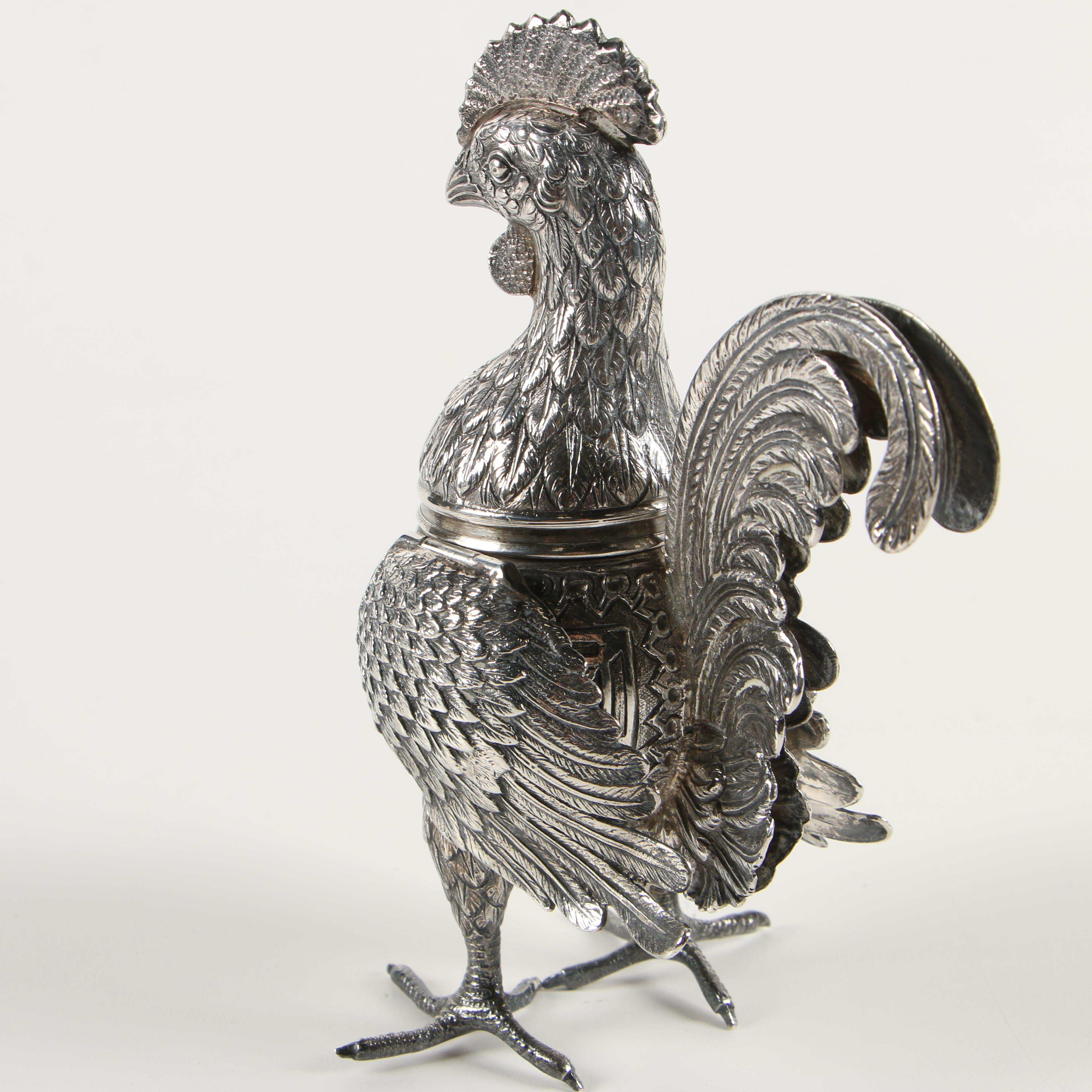 German 800 Silver Hinged Rooster Spice Box