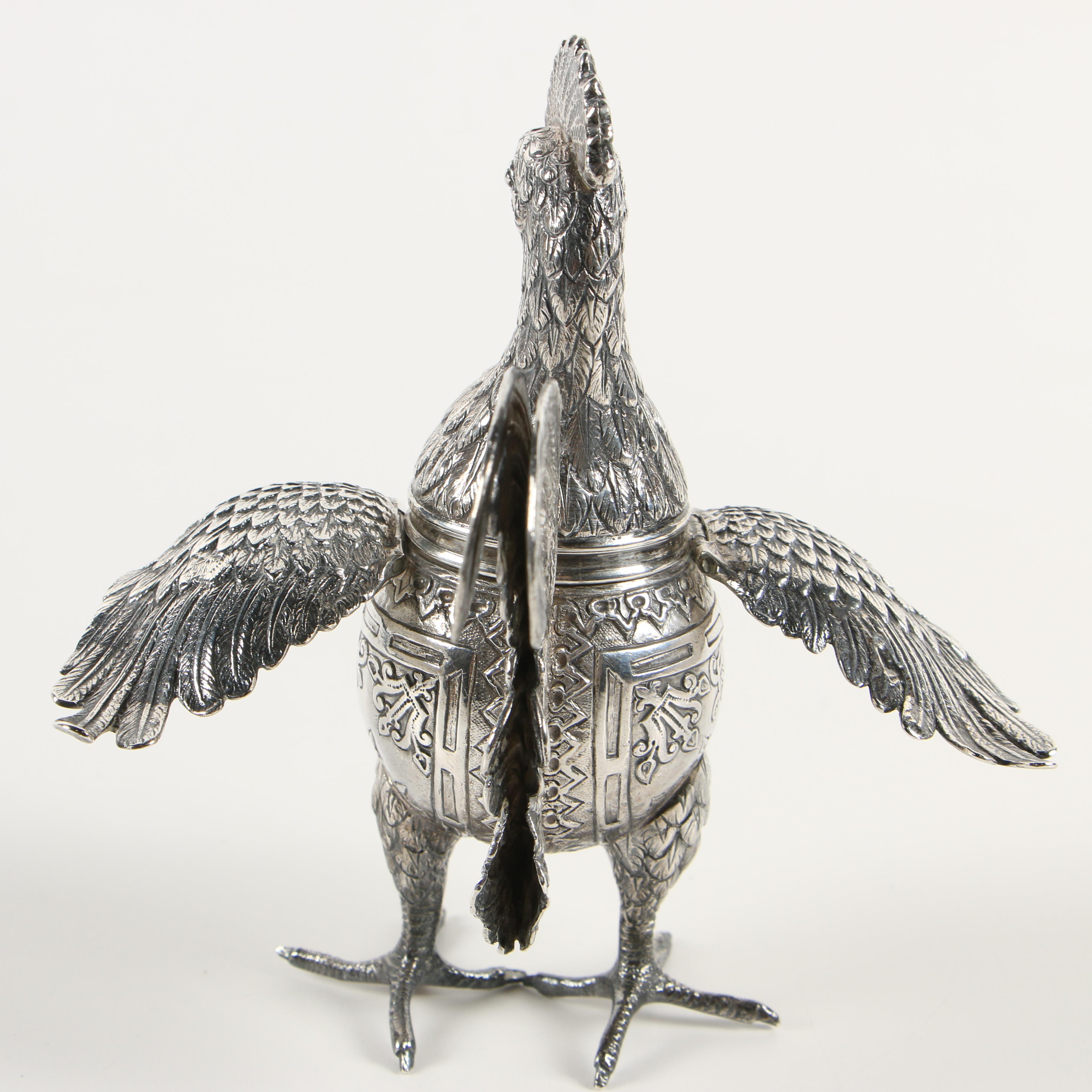 German 800 Silver Hinged Rooster Spice Box