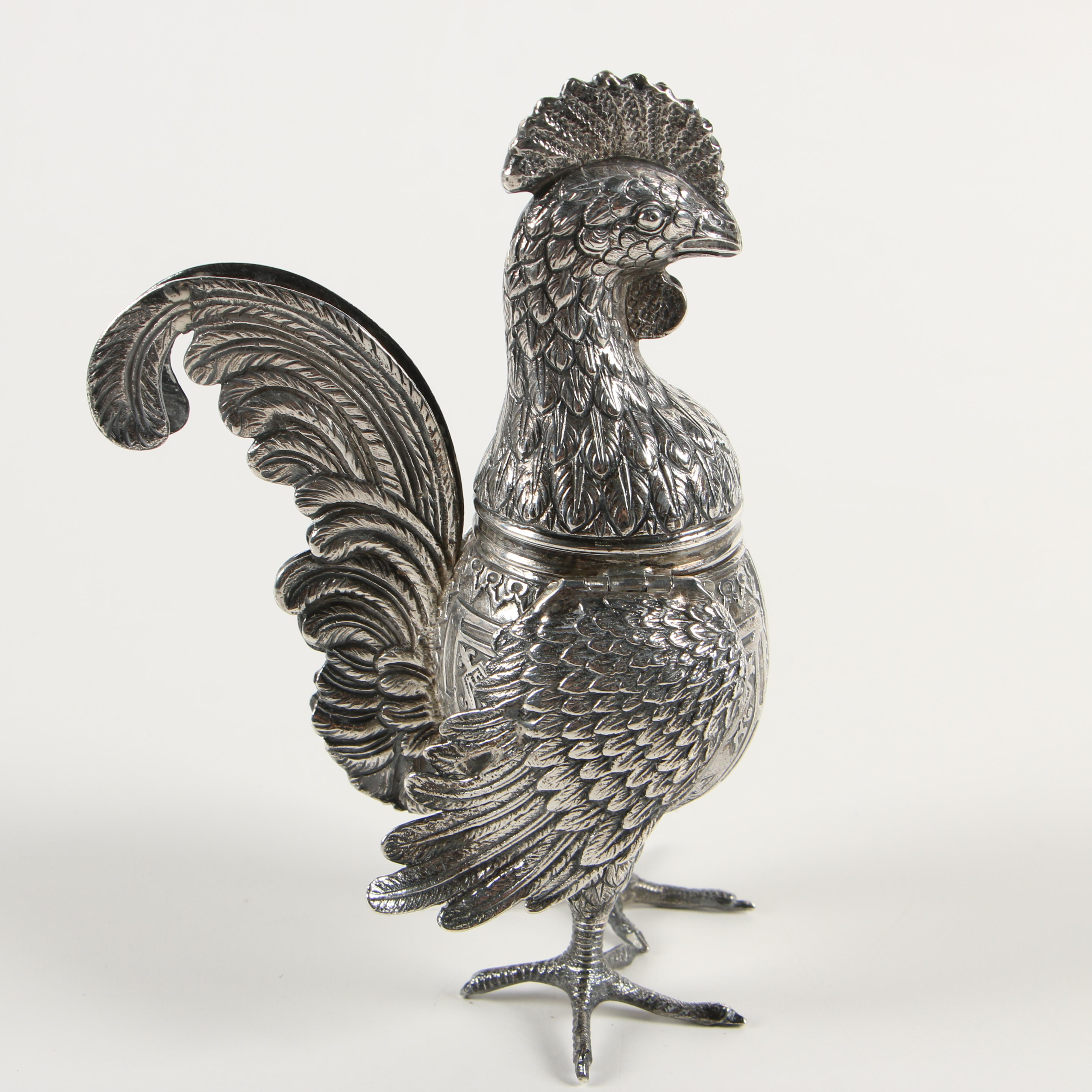 German 800 Silver Hinged Rooster Spice Box