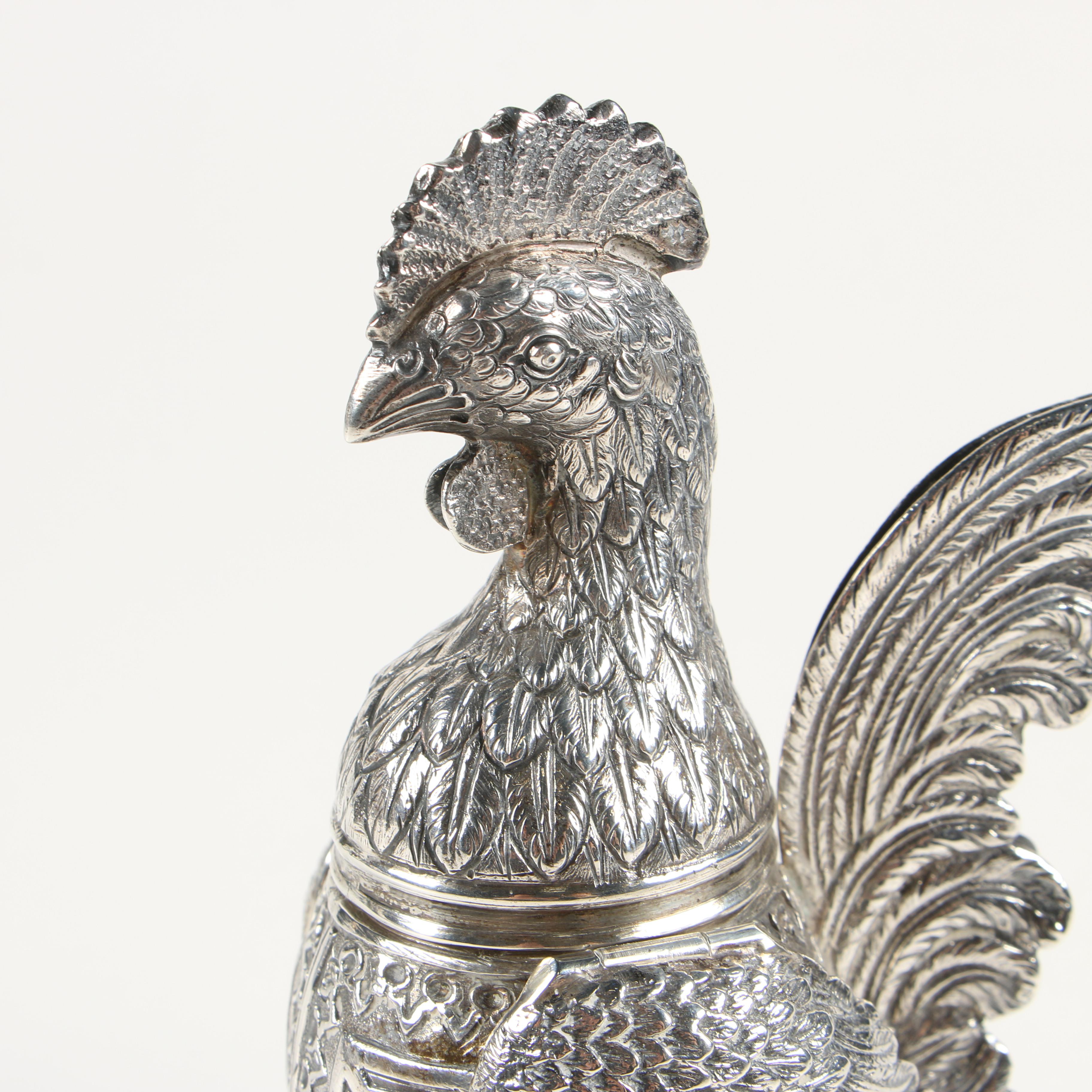 German 800 Silver Hinged Rooster Spice Box
