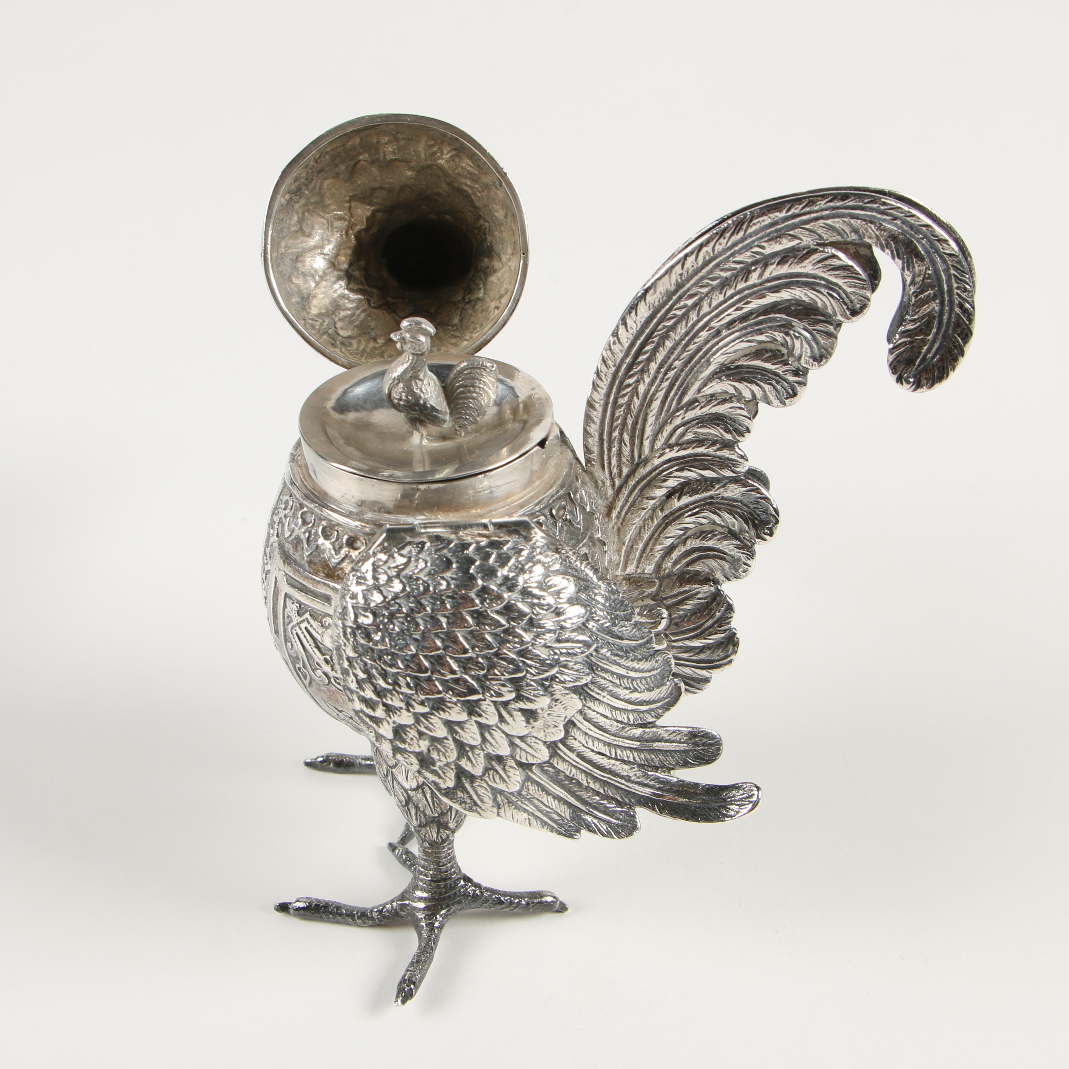 German 800 Silver Hinged Rooster Spice Box