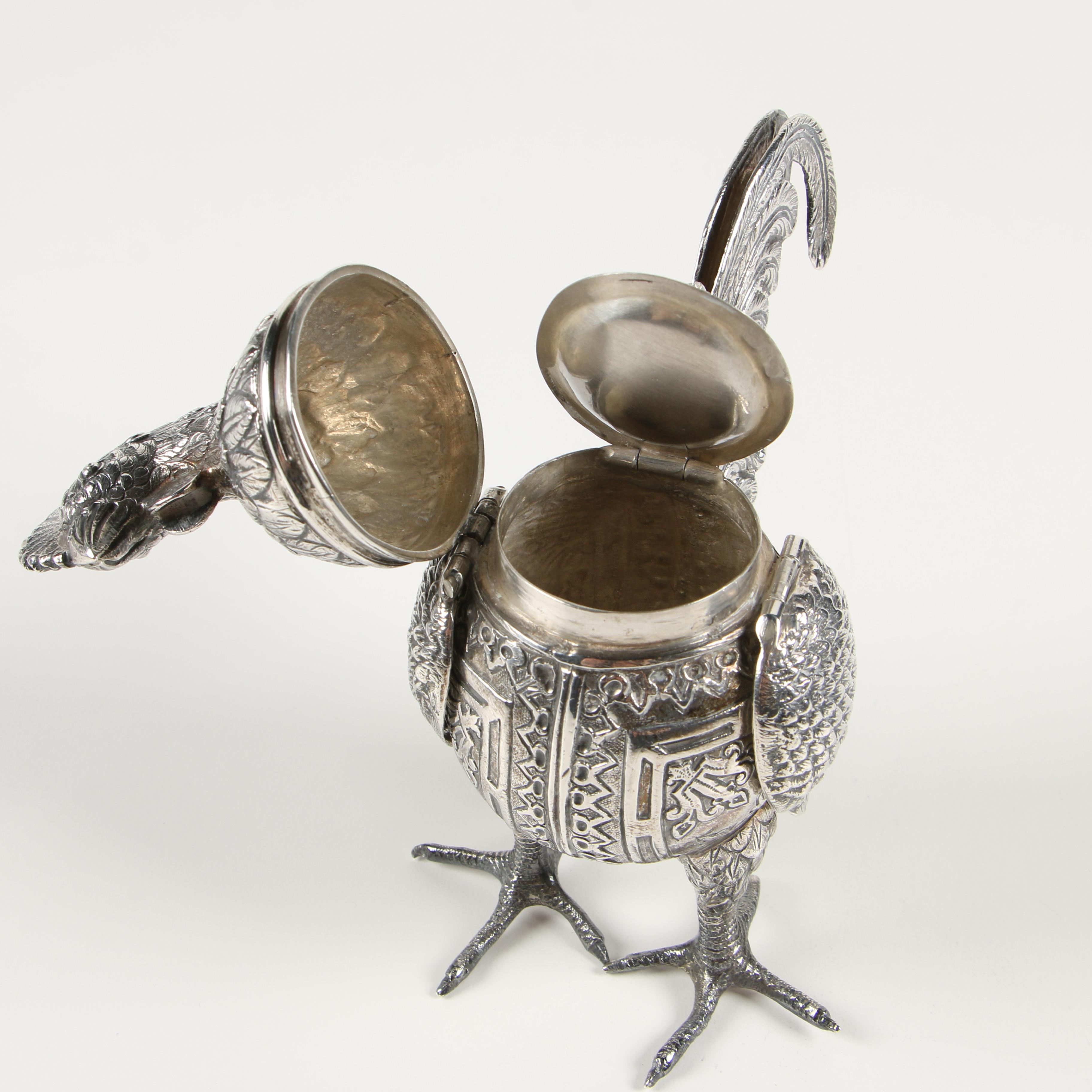 German 800 Silver Hinged Rooster Spice Box