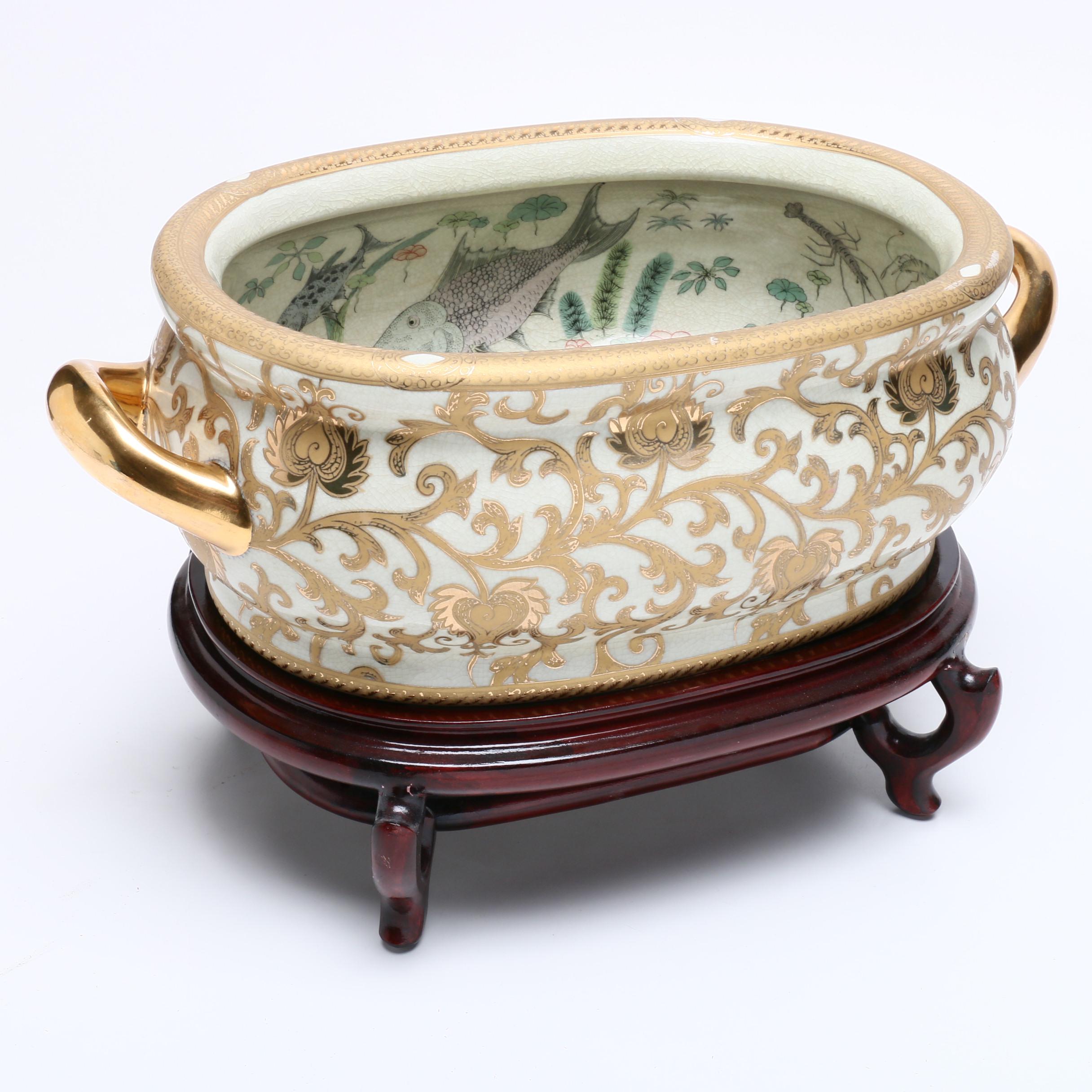 Chinese Fish Bowl Foot Bath on Carved Stand