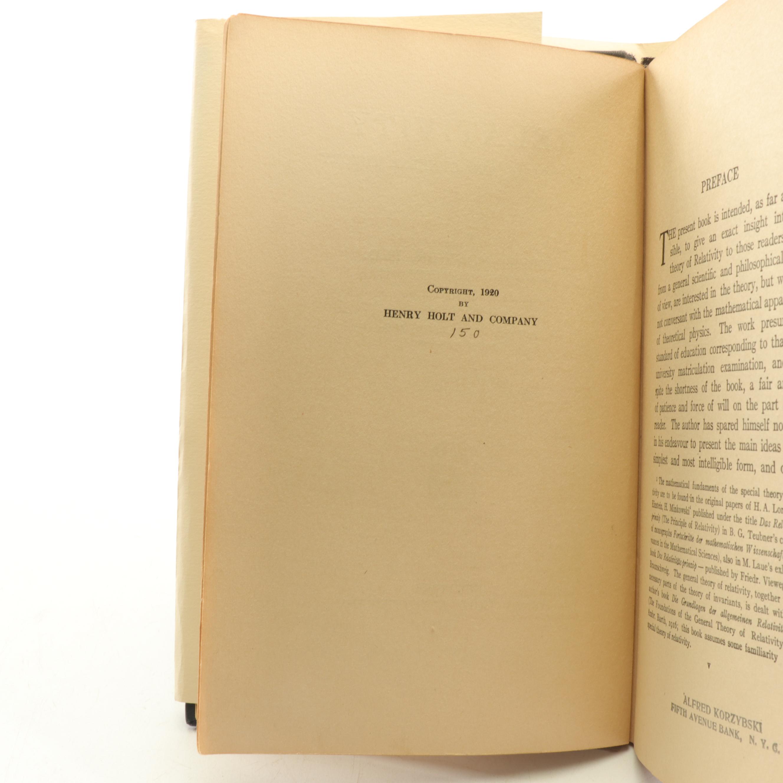 1920 First American Edition "Relativity" by Albert Einstein