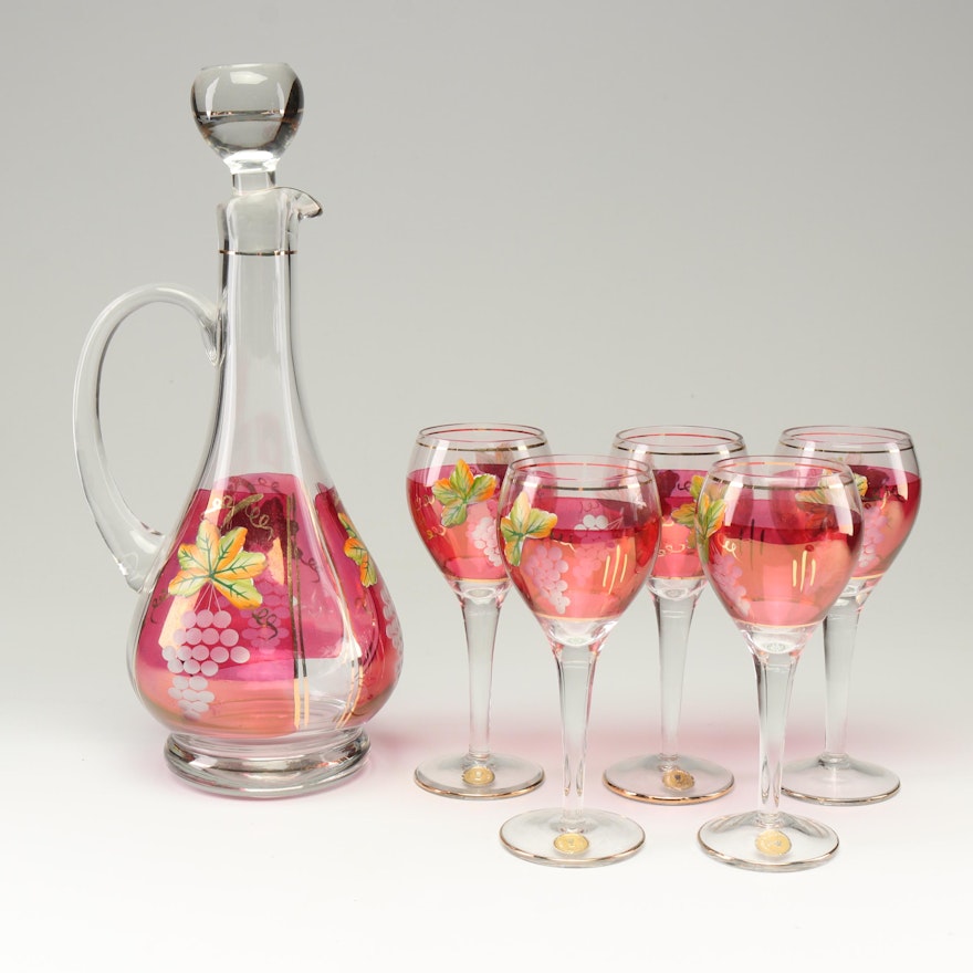 Romanian Hand-Painted Blown Glass Wine Decanter and Wine Glasses