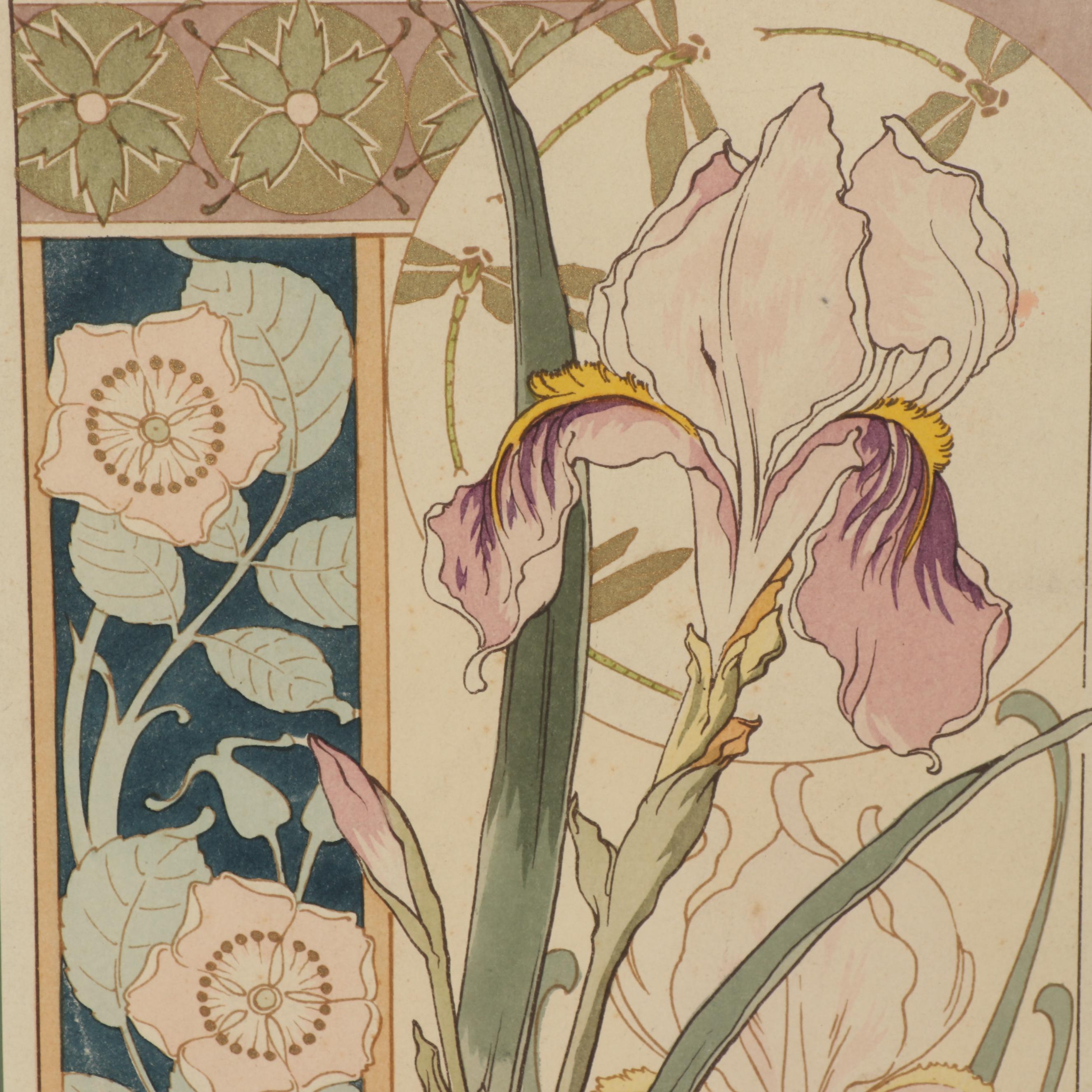 Colored Lithograph After Gustave Riom "Iris et Eglantines"