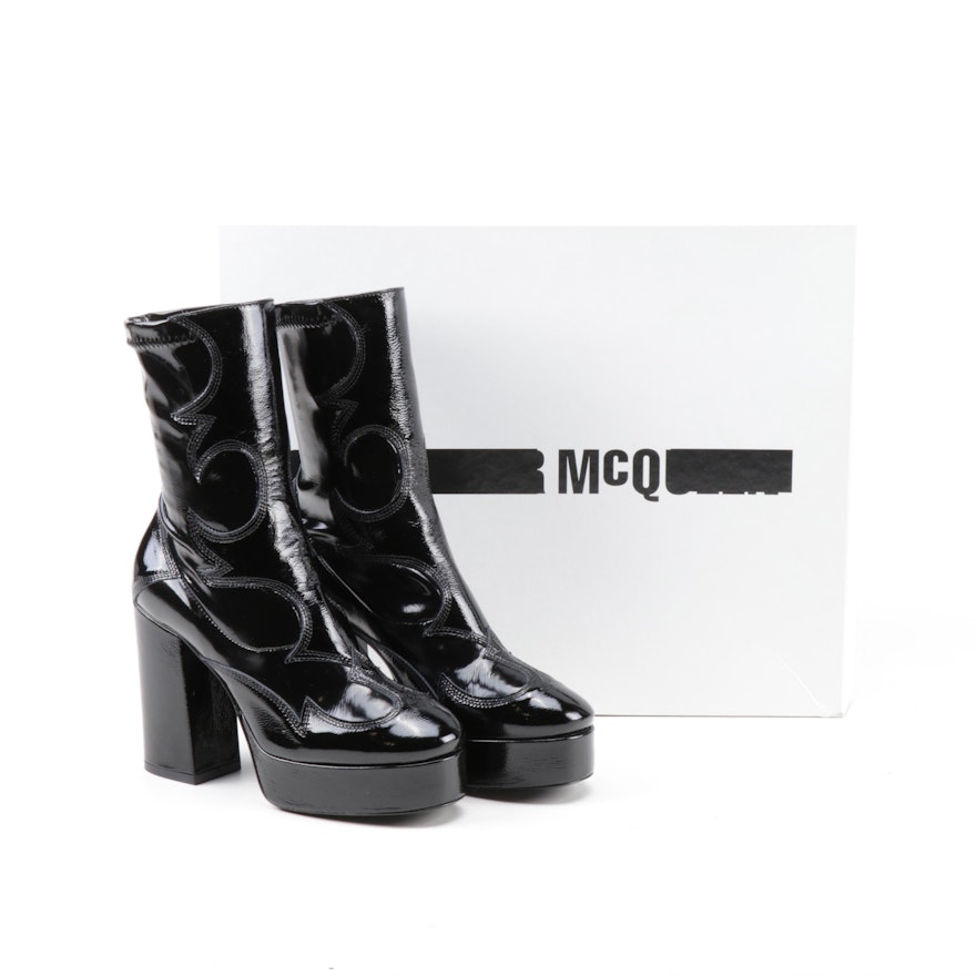 Women's McQ Alexander McQueen Jean Blaze Black Crinkled Patent Platform Boots