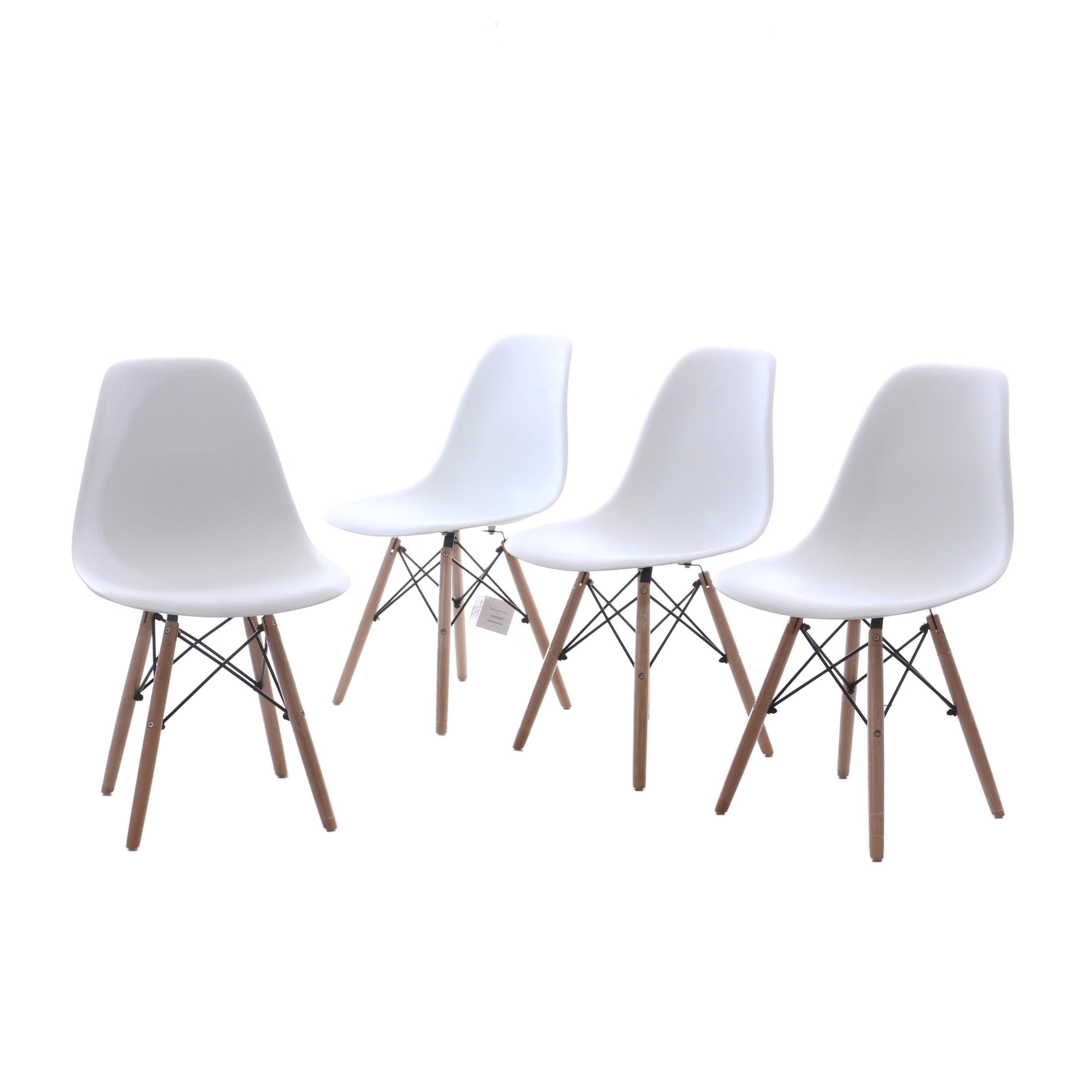 Vecelo, Modernist Style White Molded Plastic and Natural Wood Dining Side Chairs