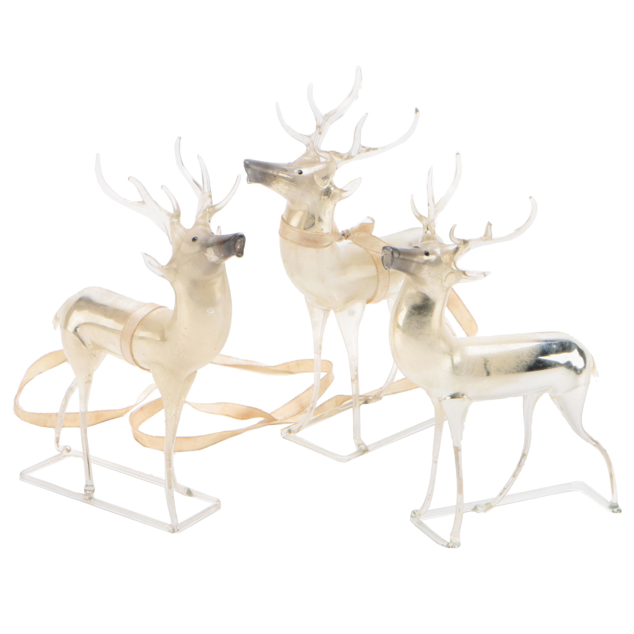 Hand-Blown Mercury Glass German Reindeer Figurines, Mid-Century