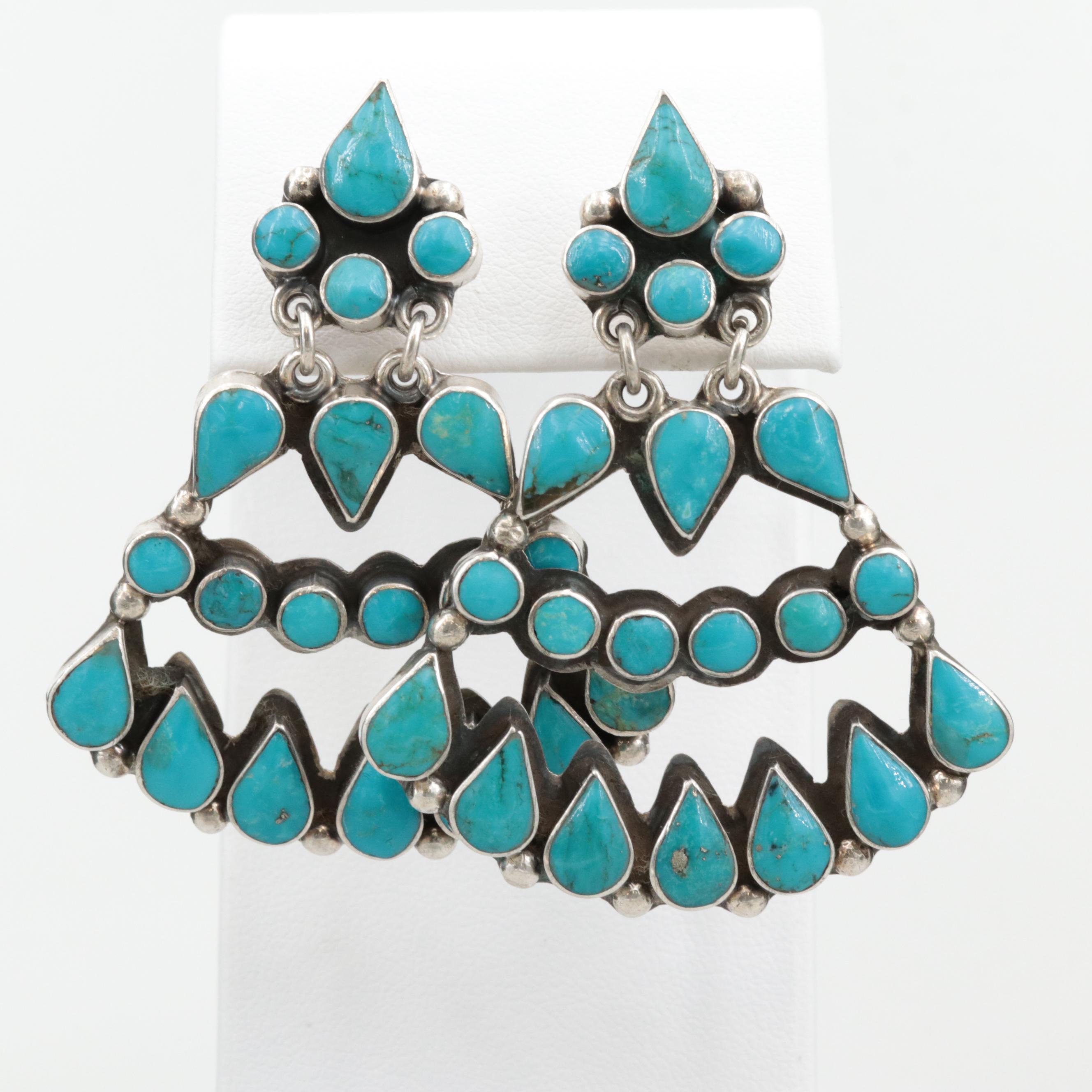 Mexican Sterling Silver Turquoise Dangle Earrings by Federico Jimenez