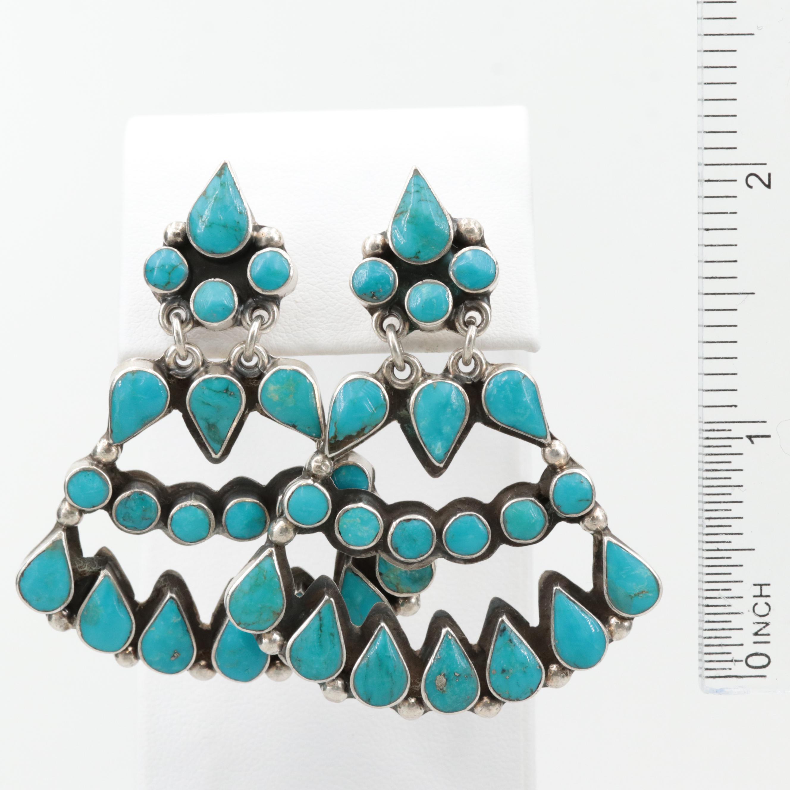 Mexican Sterling Silver Turquoise Dangle Earrings by Federico Jimenez