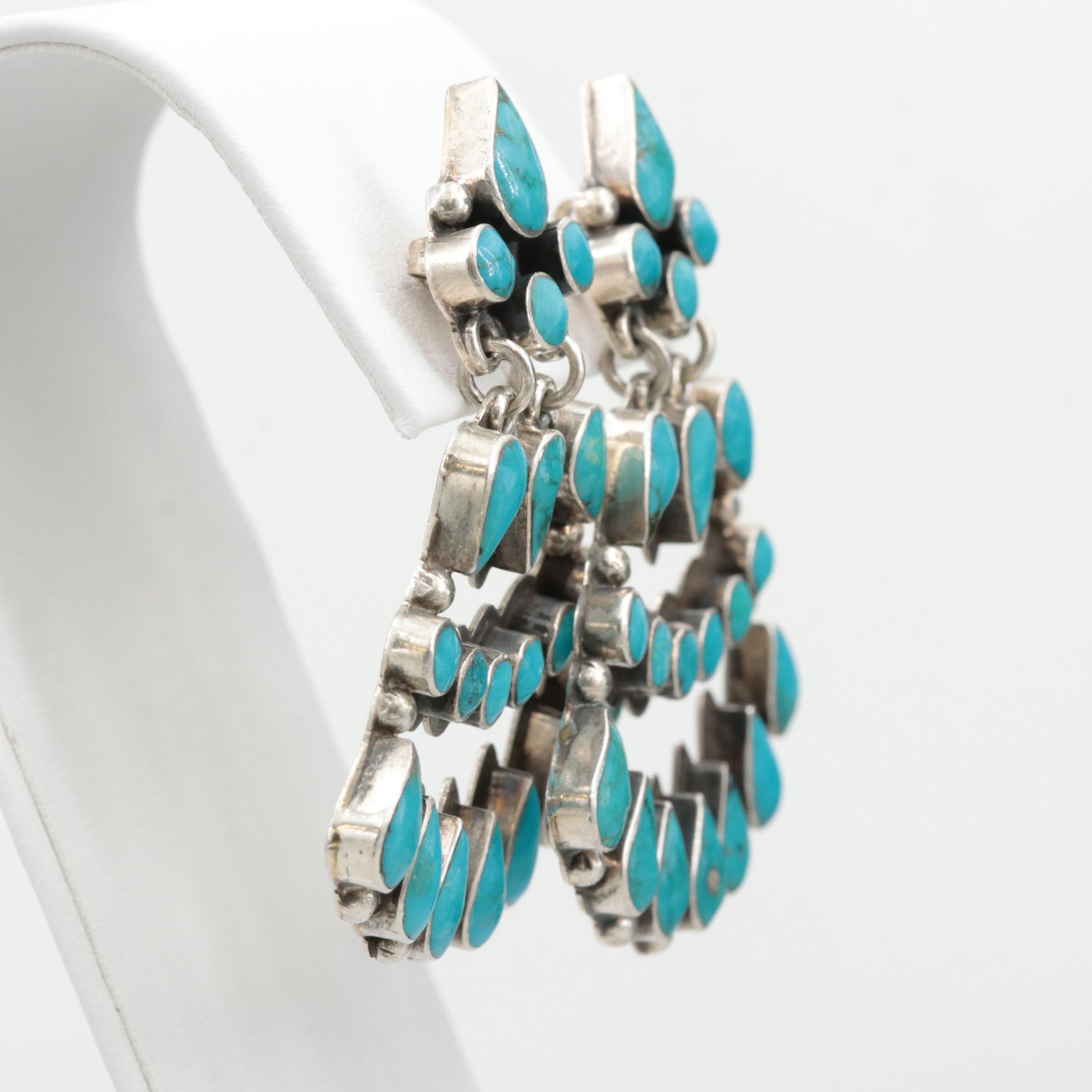 Mexican Sterling Silver Turquoise Dangle Earrings by Federico Jimenez