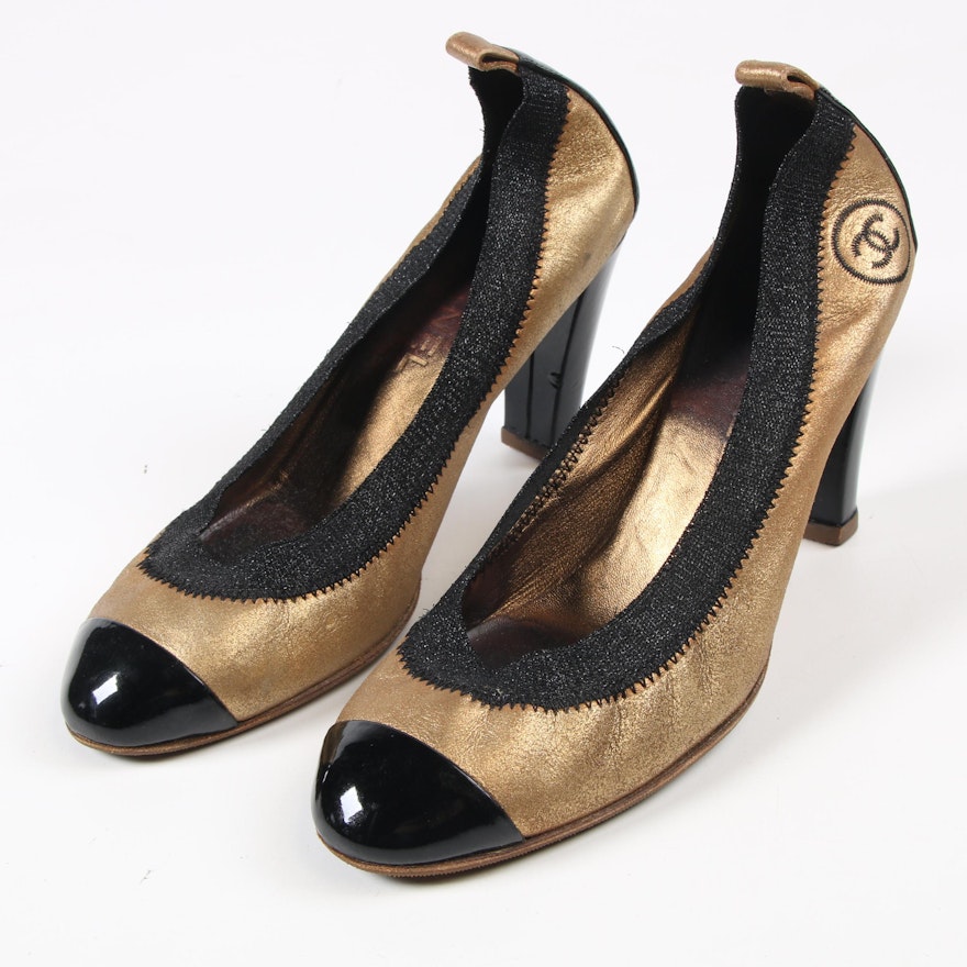 Chanel Metallic and Patent Leather Ballet Style Heels with CC Stitched Logo