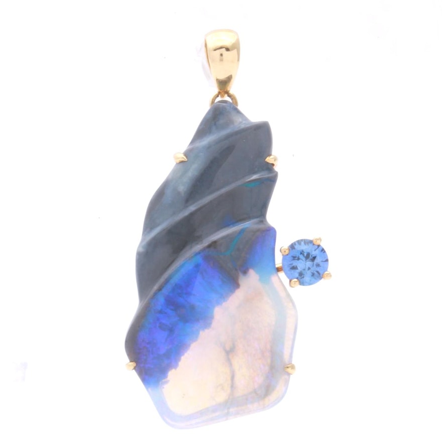 18K Yellow Gold Carved Opal and Sapphire Pendant