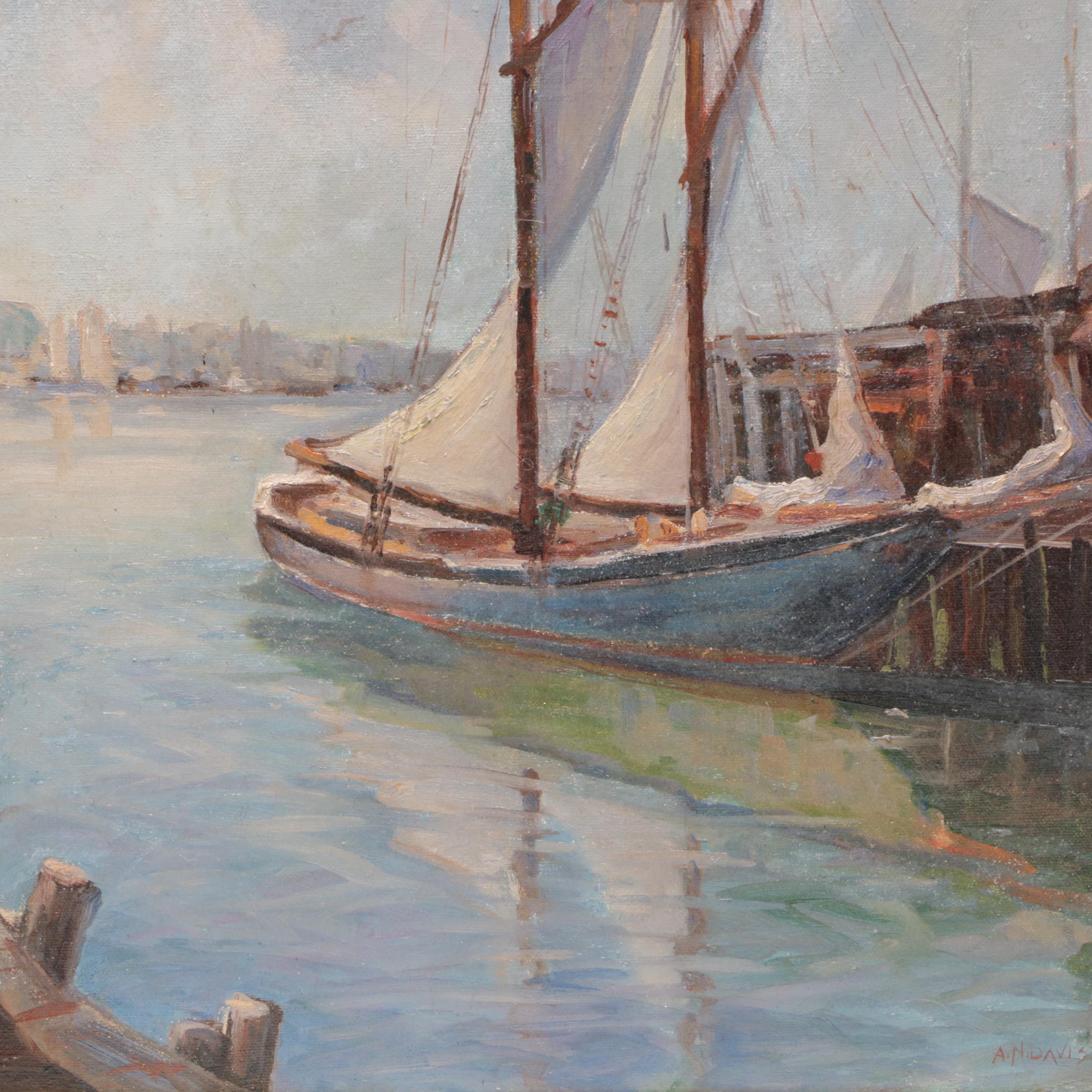 Arthur Norman Davis Harbor Scene Oil Painting