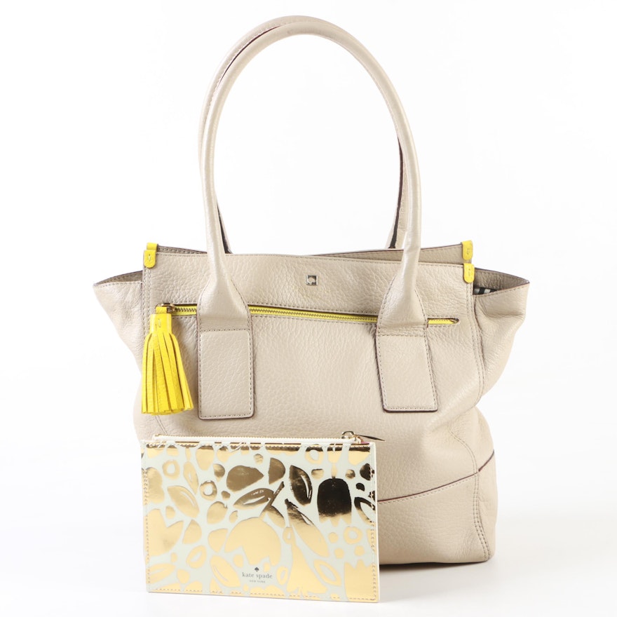 Kate Spade New York Tan Pebbled Leather Satchel with Golden Floral Pencil Pouch