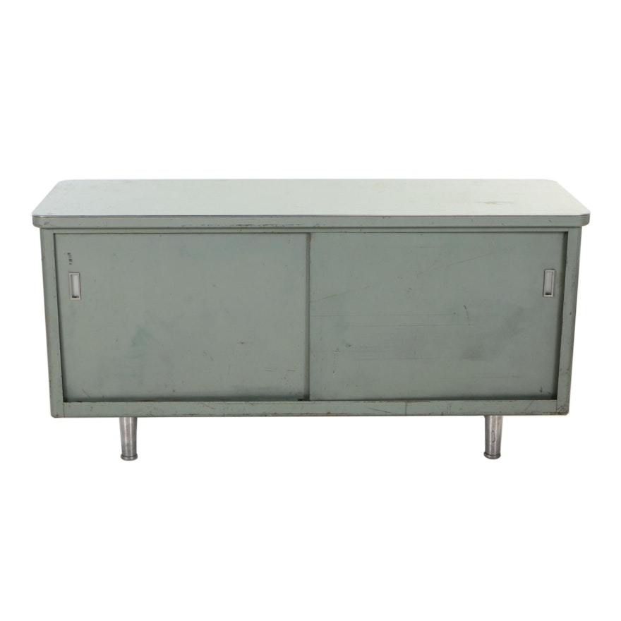 Industrial Green Metal and Laminate-Top Credenza, Mid 20th Century
