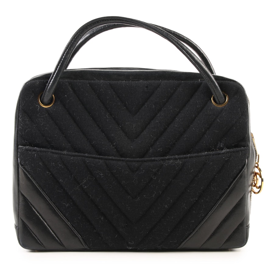 Chanel Handbag in Black Chevron Quilted Jersey and Leather with CC Zipper Pull