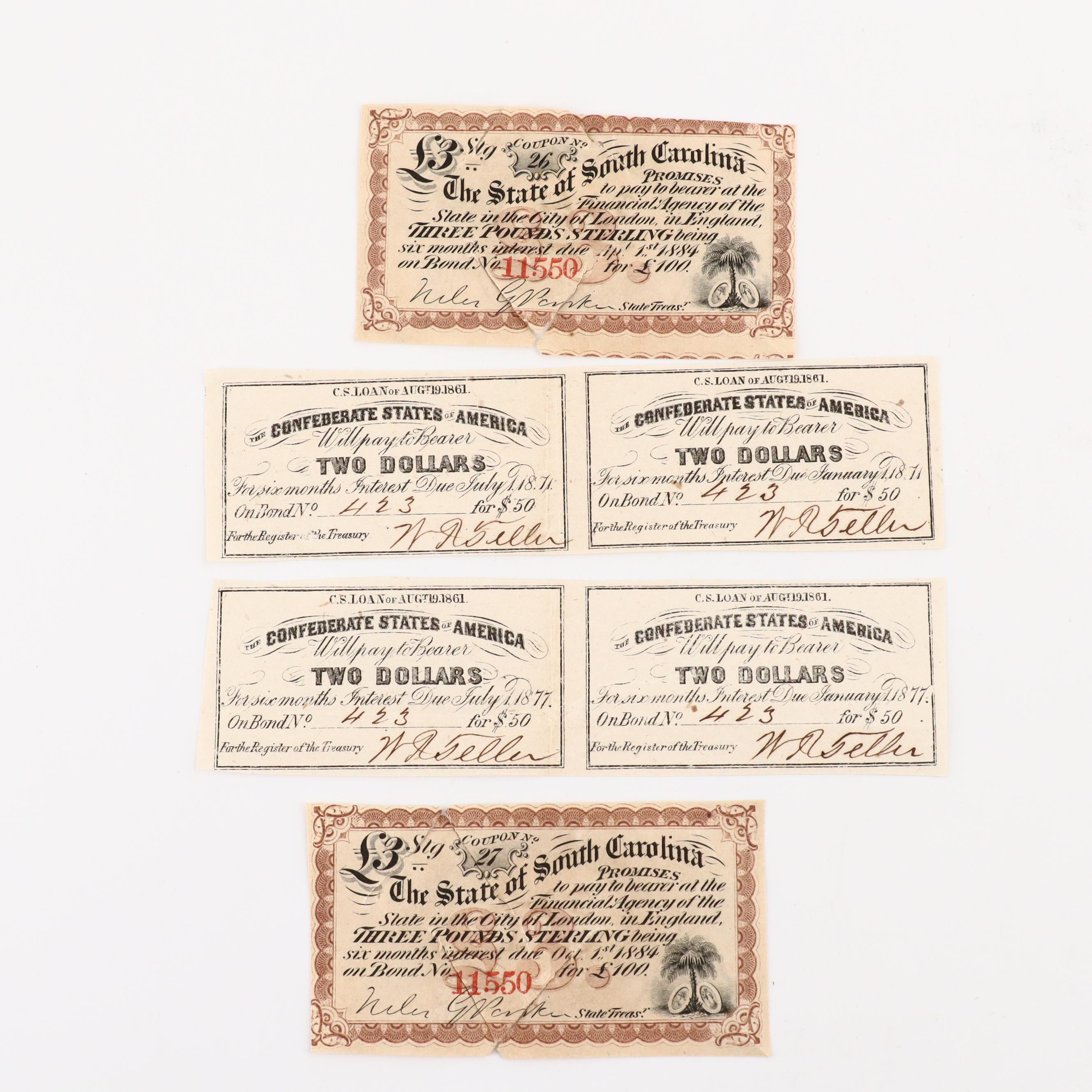Six 19th Century Bond Coupons