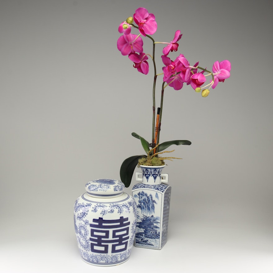 Chinese Style Blue and White Porcelain with Artificial Orchid Plant