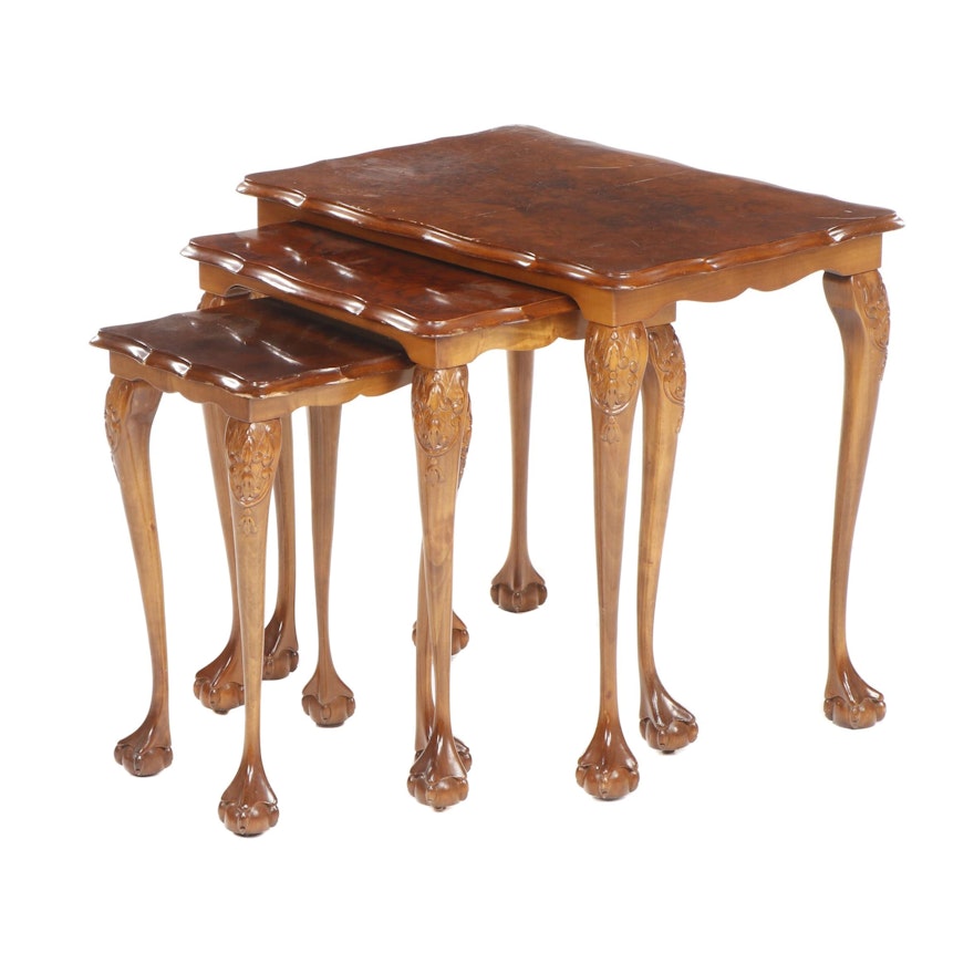 Chippendale Style Walnut Burl Veneered Ball and Claw Nesting Tables, Circa 1930