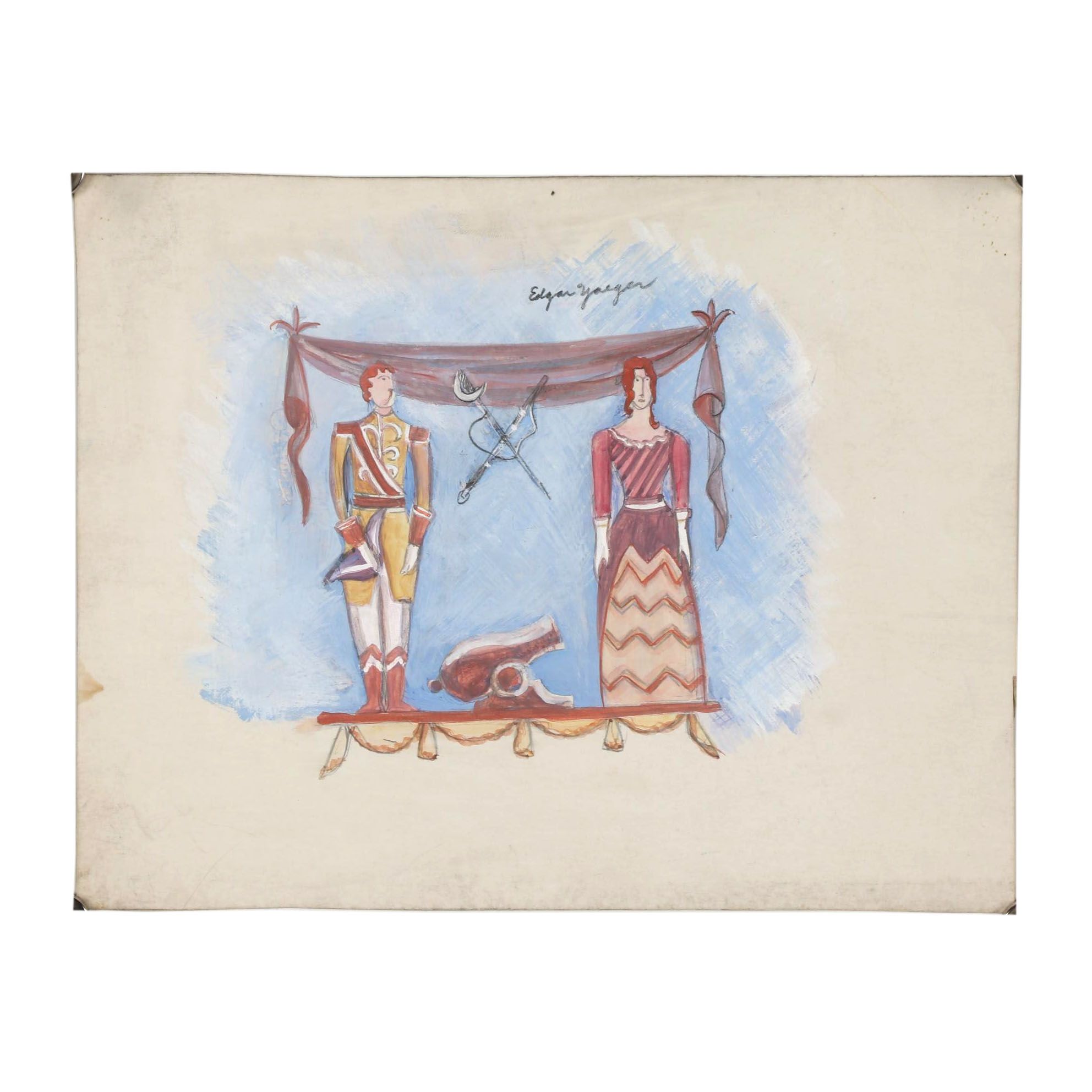 Edgar Yaeger Gouache and Graphite WPA Mural Design Sketch "Broadhead"