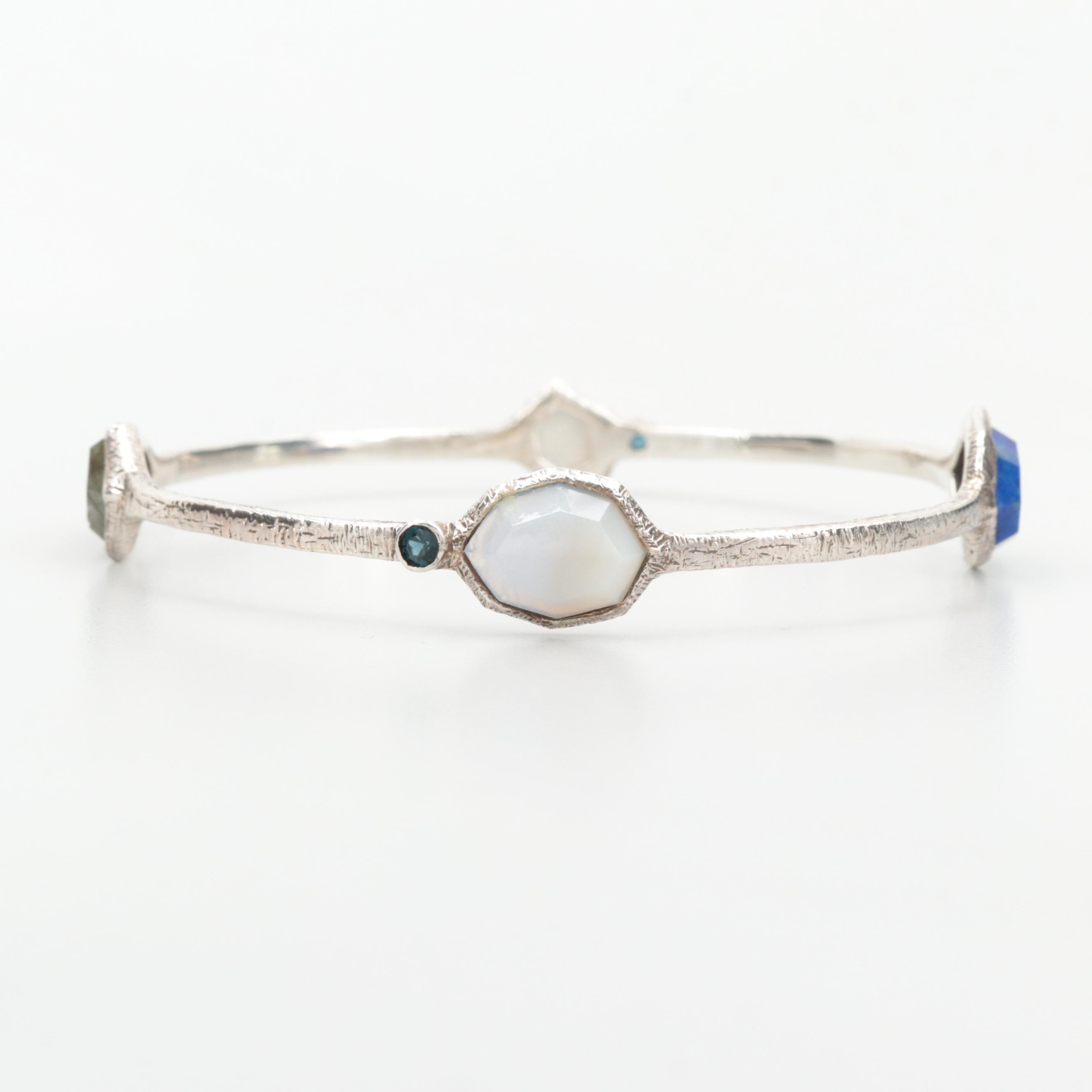 Sterling Silver Bangle Bracelet with Labradorite, Lapis Lazuli and Agate