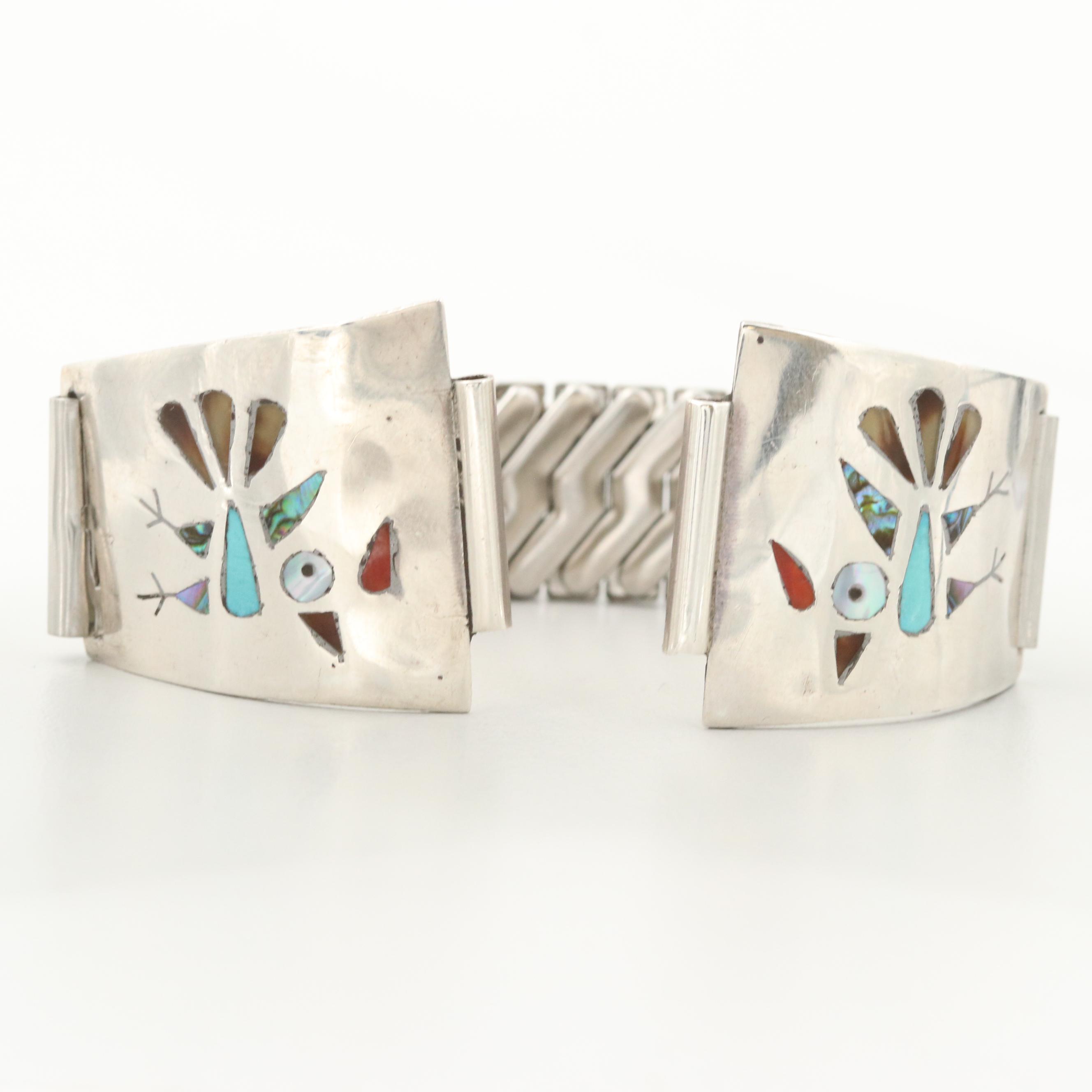 Southwestern Style Sterling and Stainless Steel Abalone and Gemstone Watchband