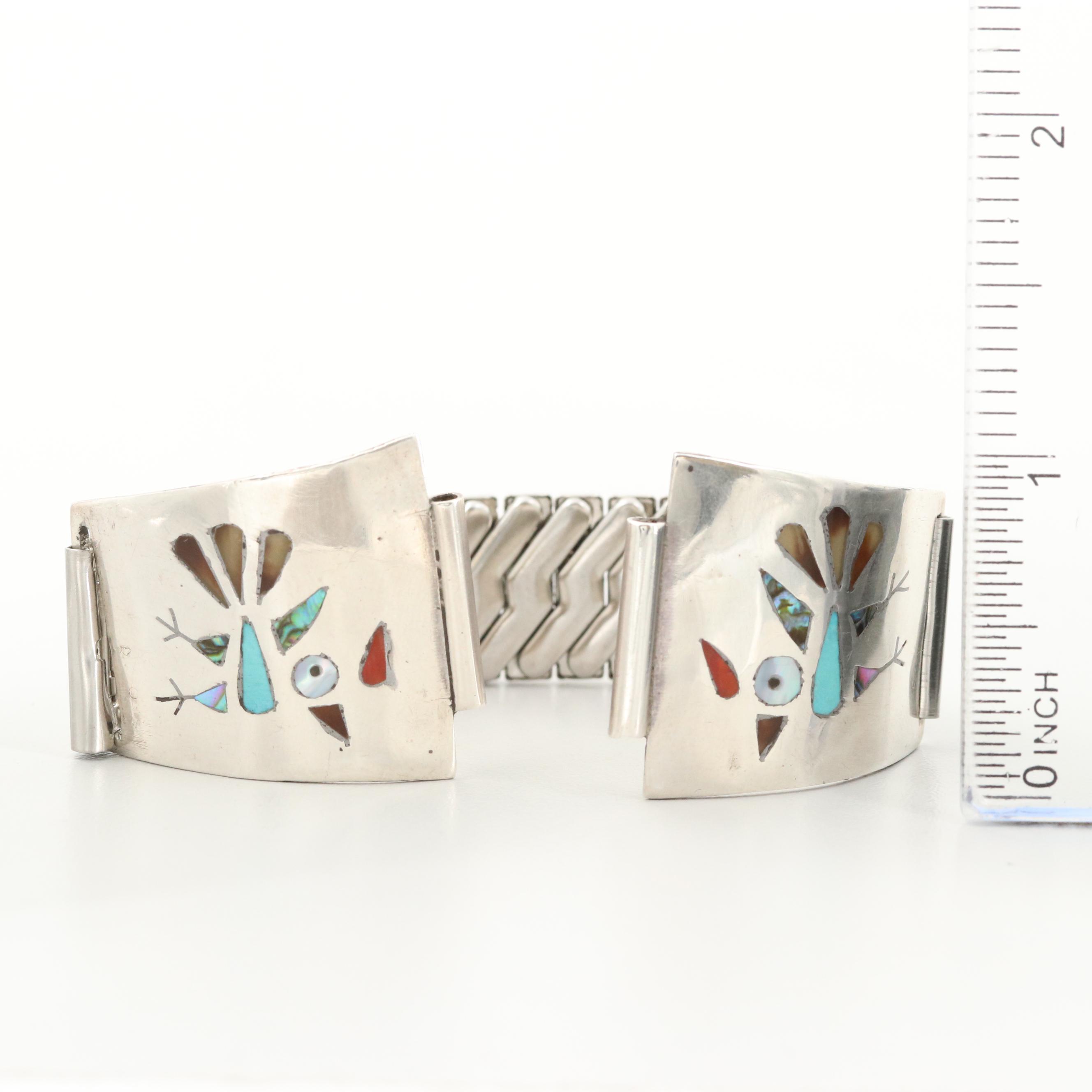 Southwestern Style Sterling and Stainless Steel Abalone and Gemstone Watchband